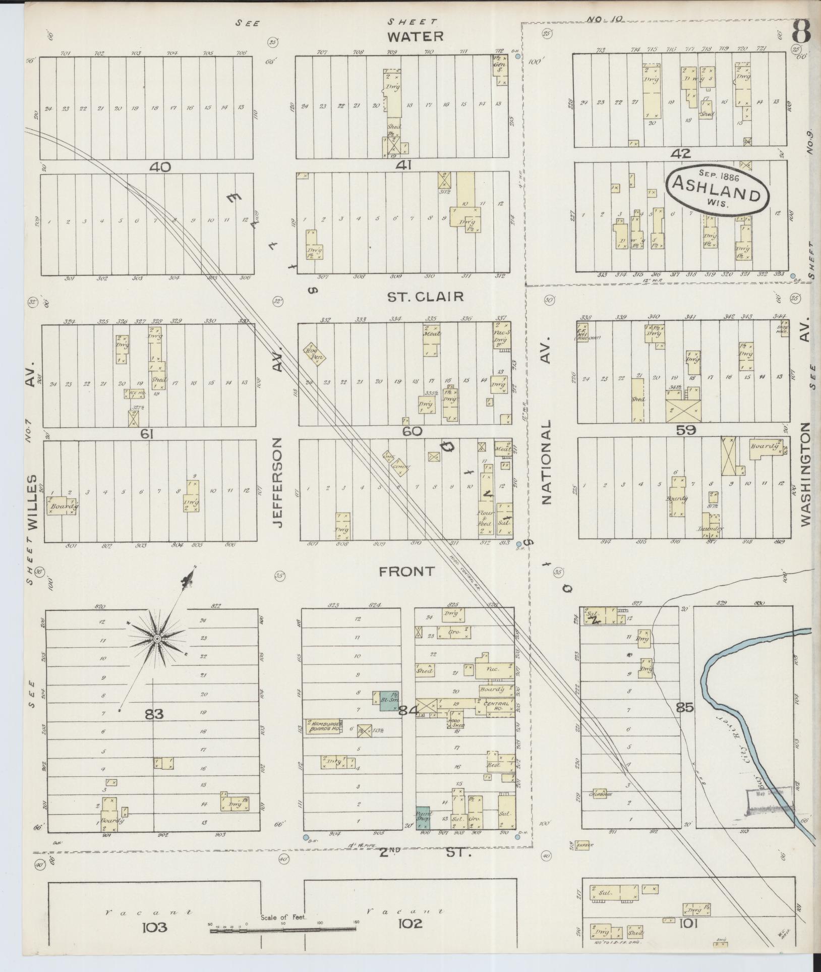 Sanborn Fire Insurance Map from Ashland, Ashland County, Wisconsin (1886), Sheet #0008 - Complete Map Set gallery image, historic Sanborn map, vintage wall art, Wisconsin Wisconsin