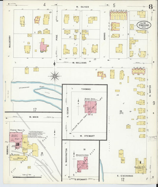 Sanborn Fire Insurance Map from Owosso, Shiawassee County, Michigan (1908), Sheet #0008 - Historic Sanborn Fire Insurance Map Print, vintage old map wall art, antique decor, genealogy gift, Michigan Michigan map