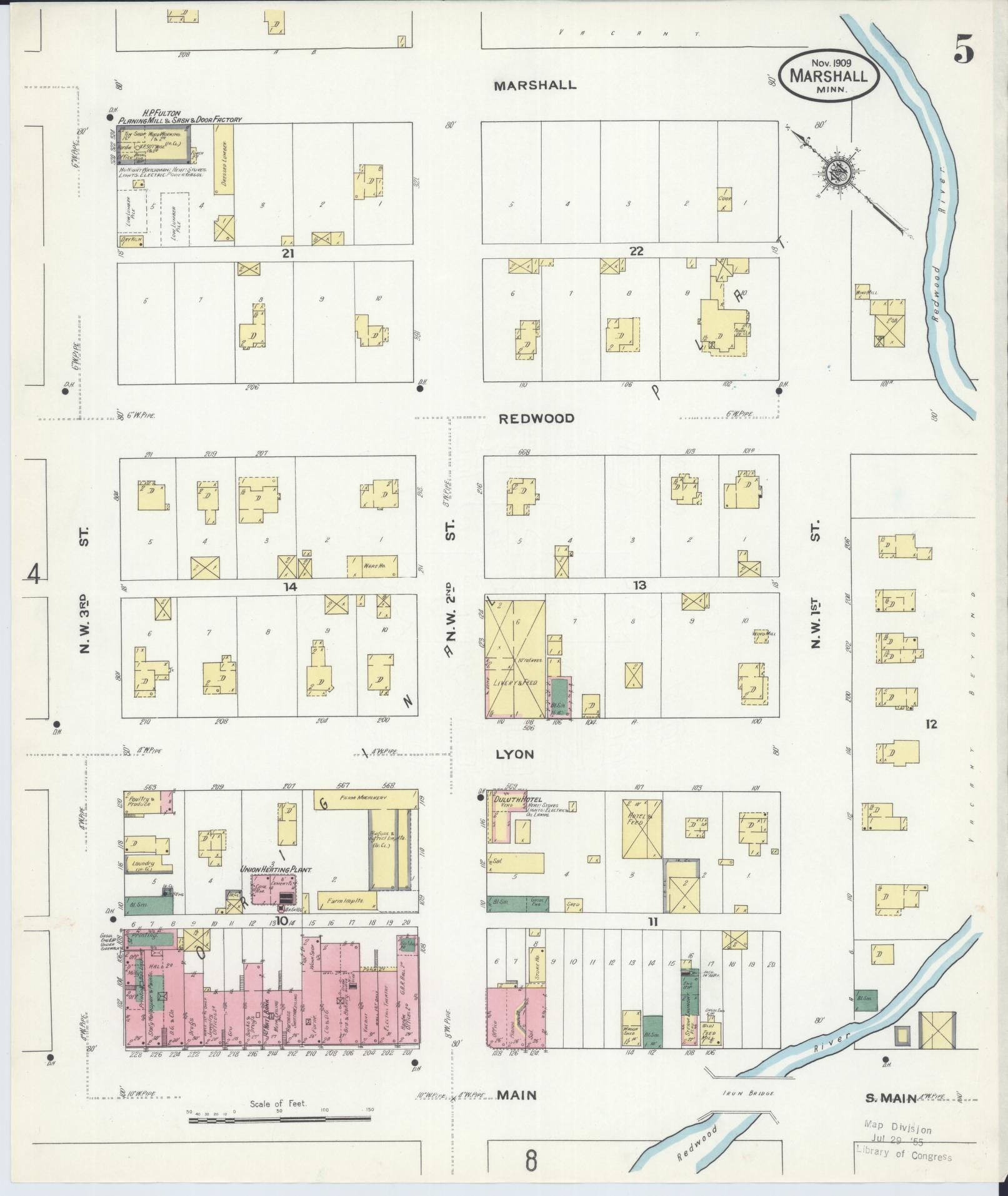 Sanborn Fire Insurance Map from Marshall, Lyon County, Minnesota (1909), Sheet #0005 - Complete Map Set gallery image, historic Sanborn map, vintage wall art, Minnesota Minnesota
