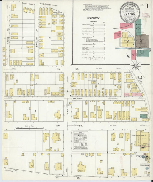 Sanborn Fire Insurance Map from Leland, Washington County, Mississippi (1909), Sheet #0001 - Historic Sanborn Fire Insurance Map Print, vintage old map wall art, antique decor, genealogy gift, Mississippi Mississippi map