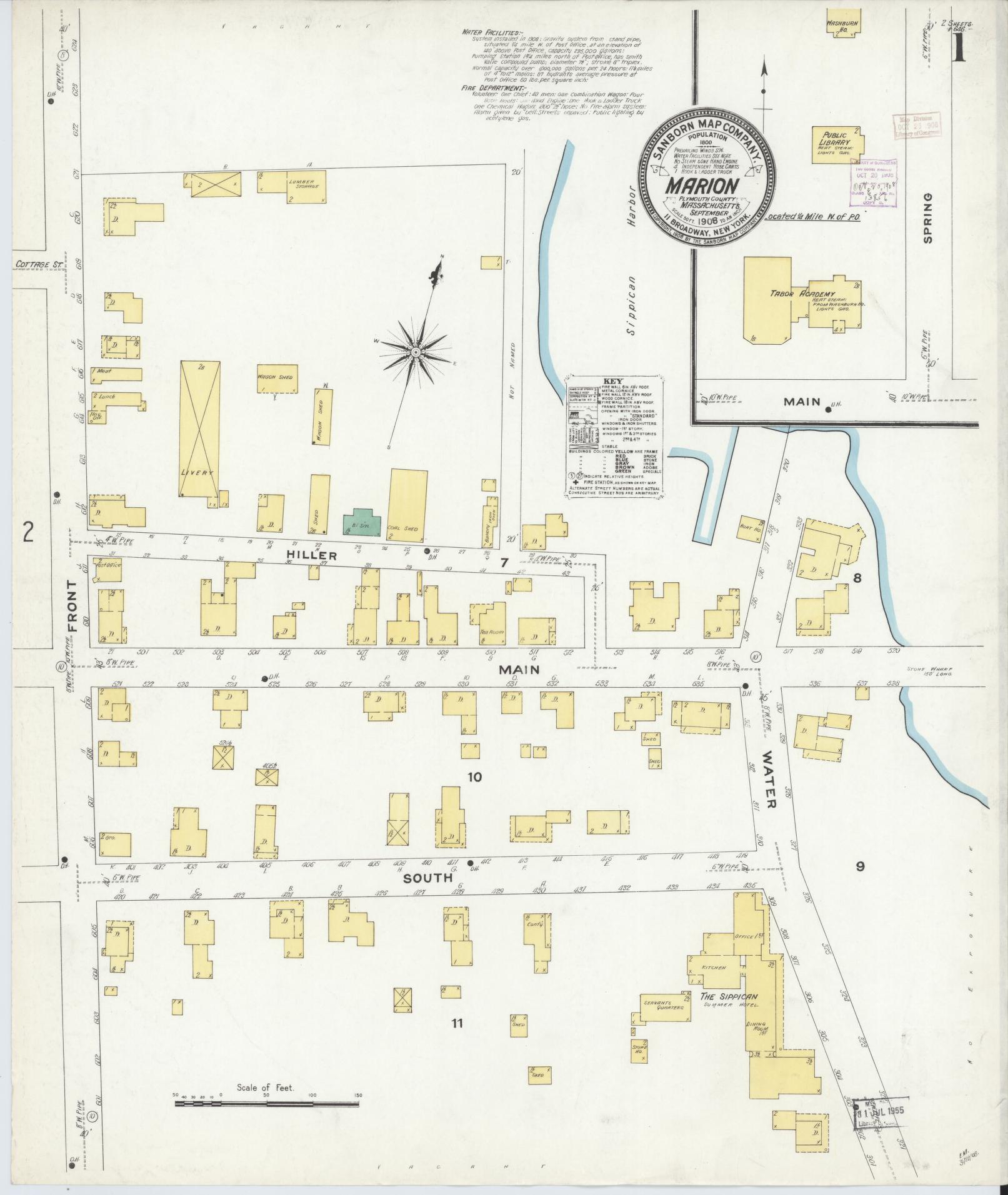 Sanborn Fire Insurance Map from Marion, Plymouth County, Massachusetts (1908), Sheet #0001 - Complete Map Set gallery image, historic Sanborn map, vintage wall art, Massachusetts Massachusetts