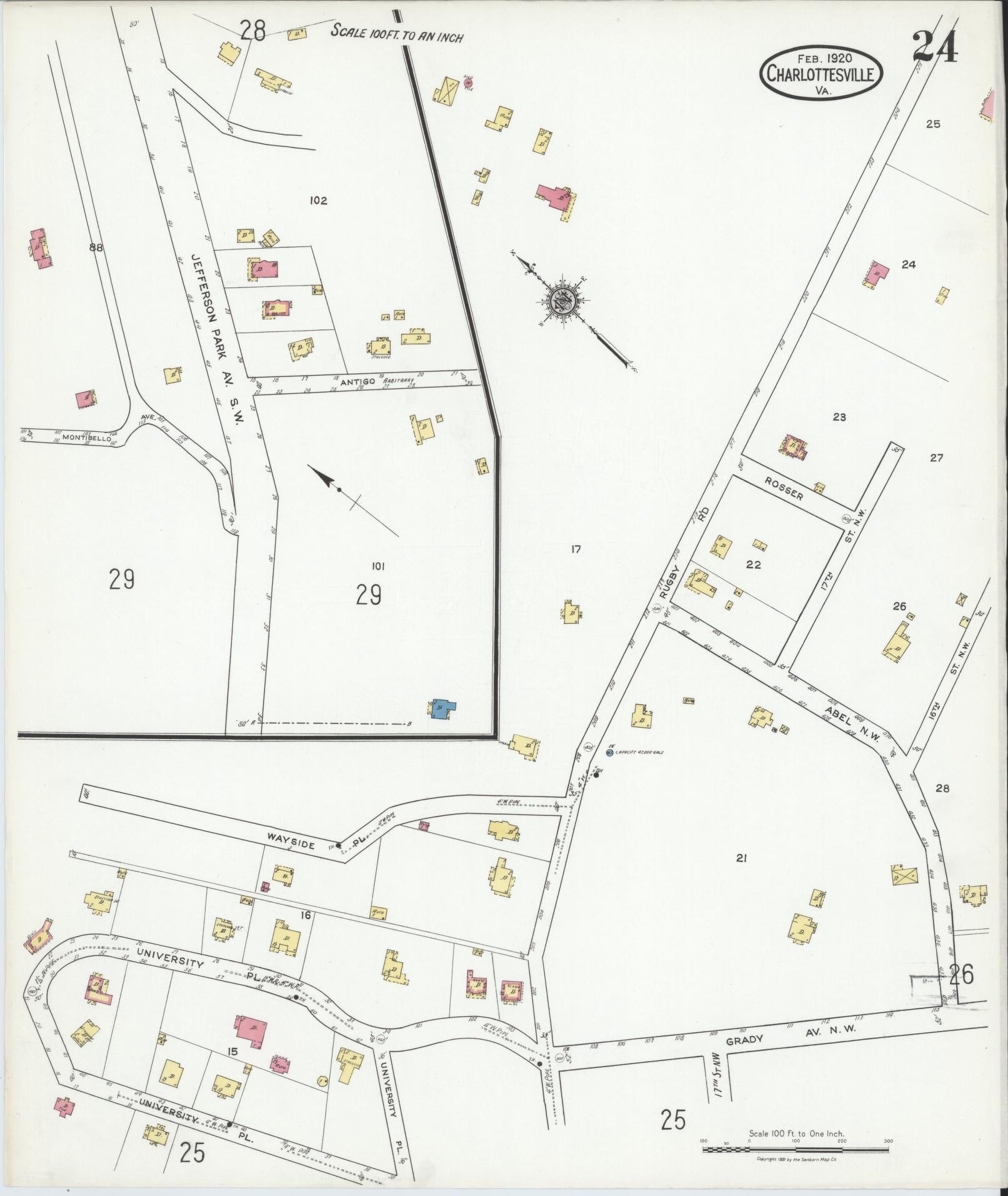 Sanborn Fire Insurance Map from Charlottesville, Independent Cities, Virginia (1920), Sheet #0024 - Complete Map Set gallery image, historic Sanborn map, vintage wall art, Virginia Virginia