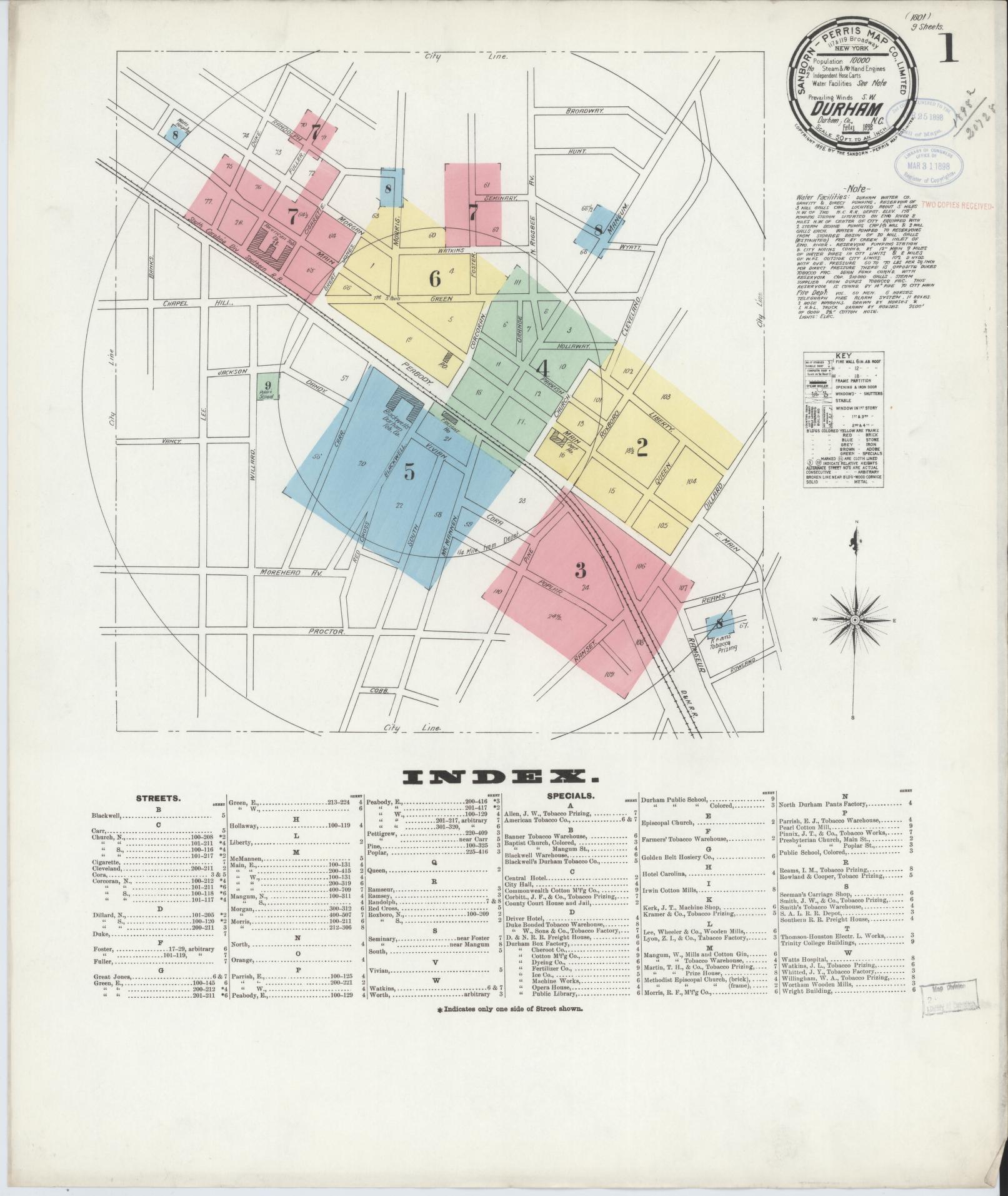 Sanborn Fire Insurance Map from Durham, Durham County, North Carolina (1898), Sheet #0001 - Historic Sanborn Fire Insurance Map Print, vintage old map wall art, antique decor, genealogy gift, North Carolina North Carolina map
