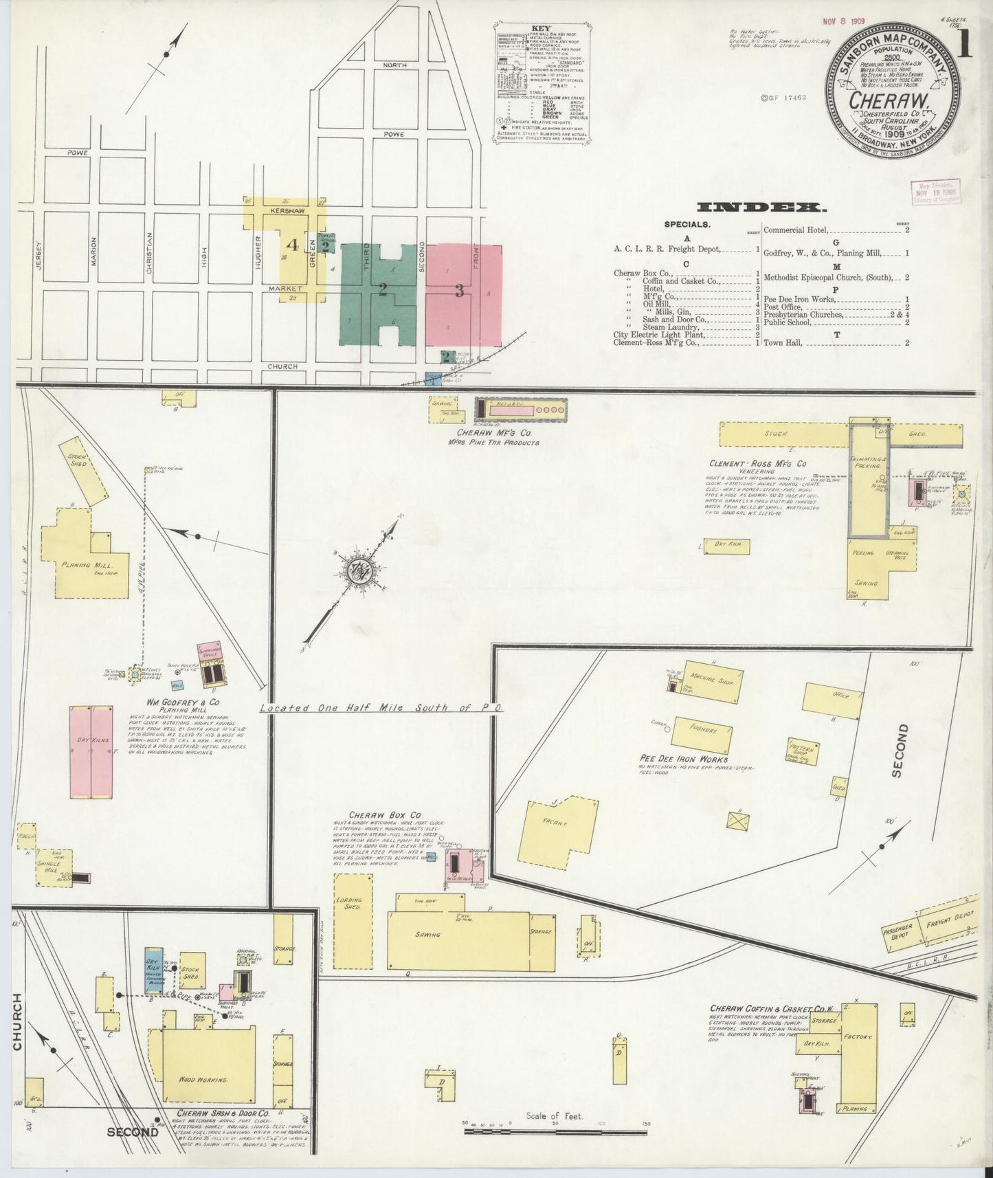 Sanborn Fire Insurance Map from Cheraw, Chesterfield County, South Carolina (1909), Sheet #0001 - Historic Sanborn Fire Insurance Map Print, vintage old map wall art, antique decor, genealogy gift, South Carolina South Carolina map