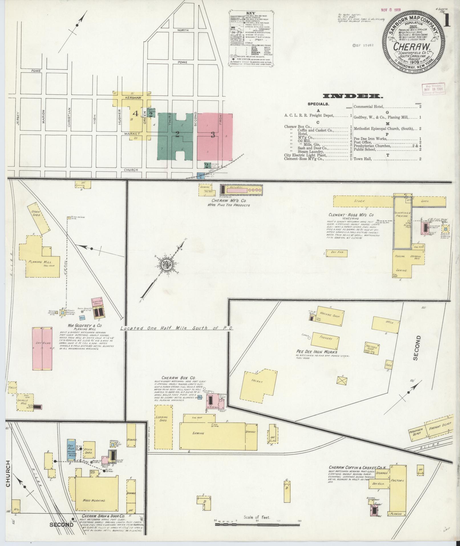 Sanborn Fire Insurance Map from Cheraw, Chesterfield County, South Carolina (1909), Sheet #0001 - Historic Sanborn Fire Insurance Map Print, vintage old map wall art, antique decor, genealogy gift, South Carolina South Carolina map