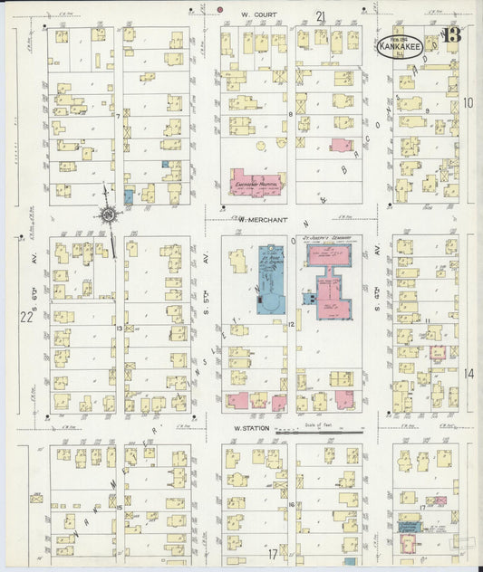 Sanborn Fire Insurance Map from Kankakee, Kankakee County, Illinois (1914), Sheet #0013 - Historic Sanborn Fire Insurance Map Print, vintage old map wall art, antique decor, genealogy gift, Illinois Illinois map