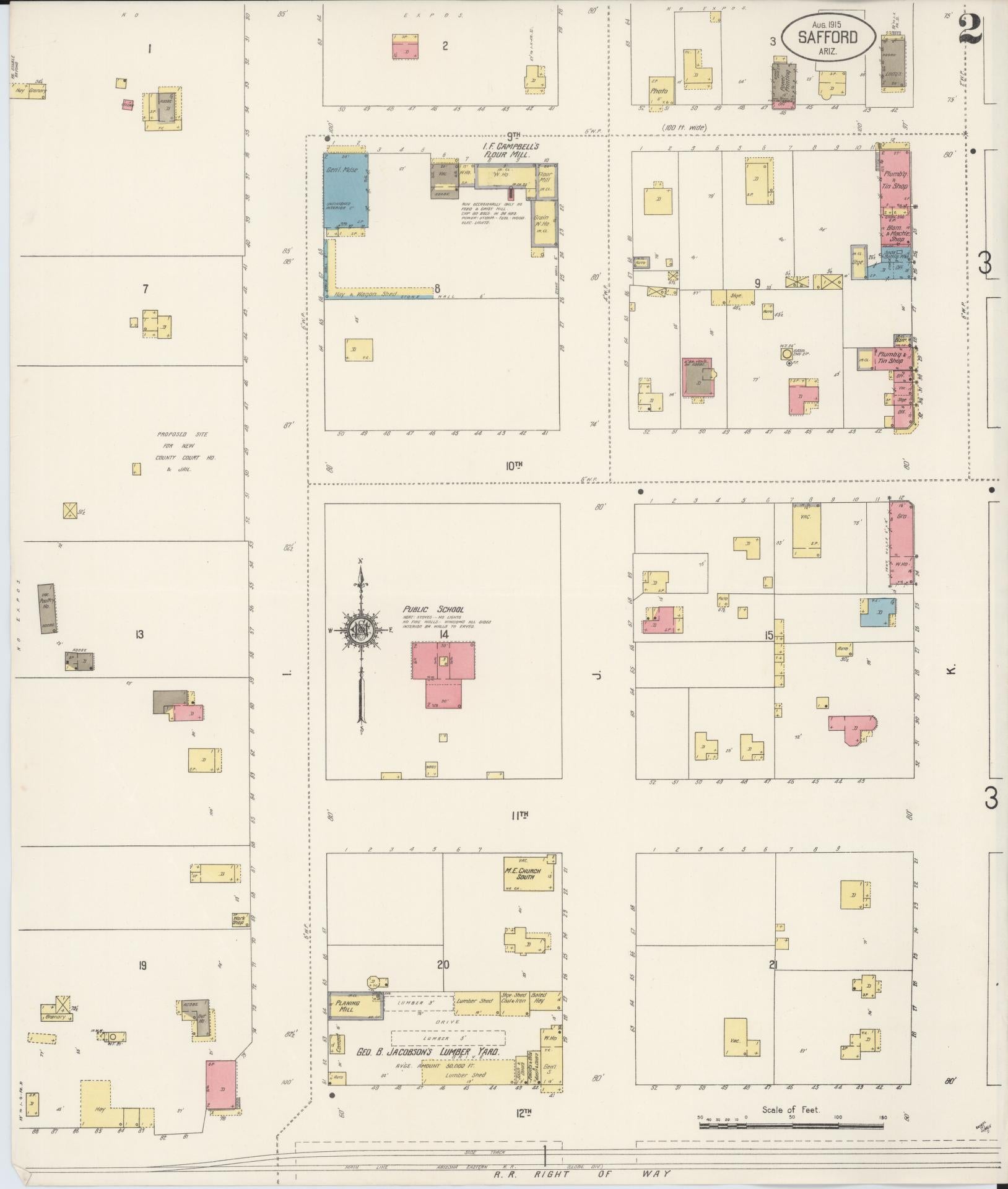 Sanborn Fire Insurance Map from Safford, Graham County, Arizona (1915), Sheet #0002 - Historic Sanborn Fire Insurance Map Print, vintage old map wall art, antique decor, genealogy gift, Arizona Arizona map