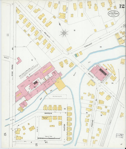 Sanborn Fire Insurance Map from Hyde Park, Norfolk County, Massachusetts (1905), Sheet #0012 - Historic Sanborn Fire Insurance Map Print, vintage old map wall art, antique decor, genealogy gift, Massachusetts Massachusetts map
