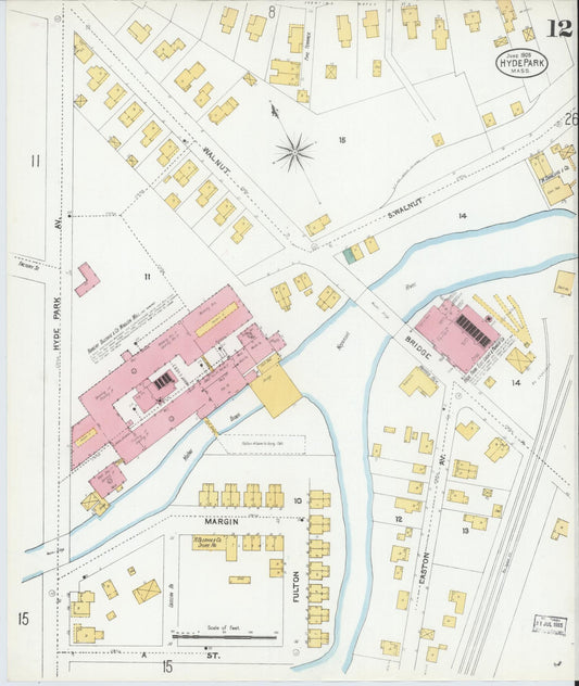 Sanborn Fire Insurance Map from Hyde Park, Norfolk County, Massachusetts (1905), Sheet #0012 - Historic Sanborn Fire Insurance Map Print, vintage old map wall art, antique decor, genealogy gift, Massachusetts Massachusetts map