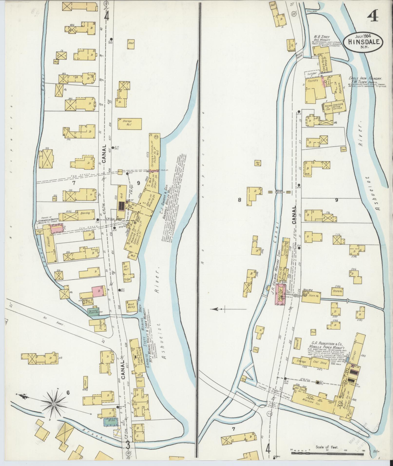 Sanborn Fire Insurance Map from Hinsdale, Cheshire County, New Hampshire (1904), Sheet #0004 - Complete Map Set gallery image, historic Sanborn map, vintage wall art, New Hampshire New Hampshire