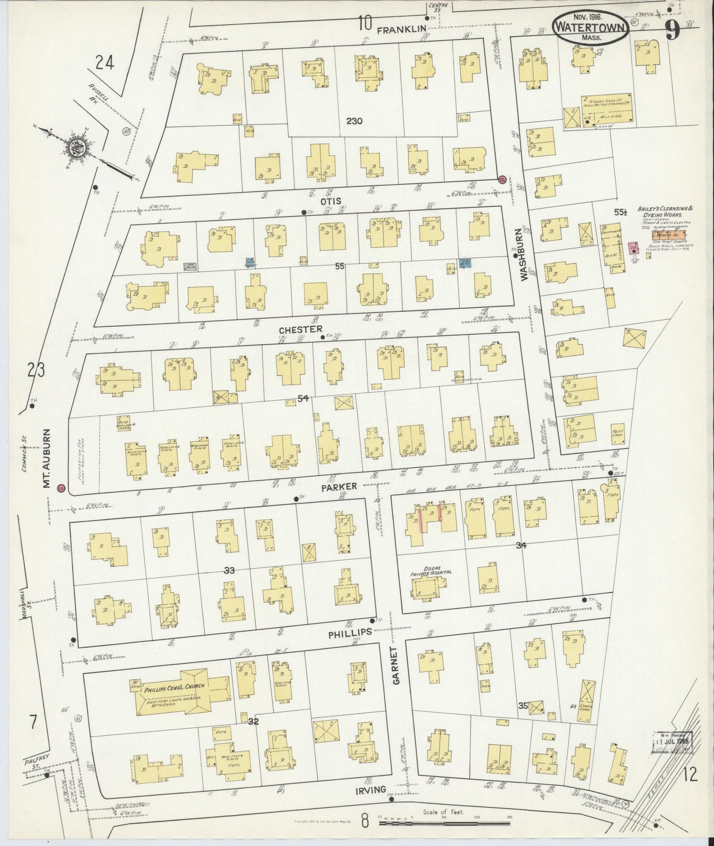 Sanborn Fire Insurance Map from Watertown, Middlesex County, Massachusetts (1916), Sheet #0009 - Historic Sanborn Fire Insurance Map Print, vintage old map wall art, antique decor, genealogy gift, Massachusetts Massachusetts map