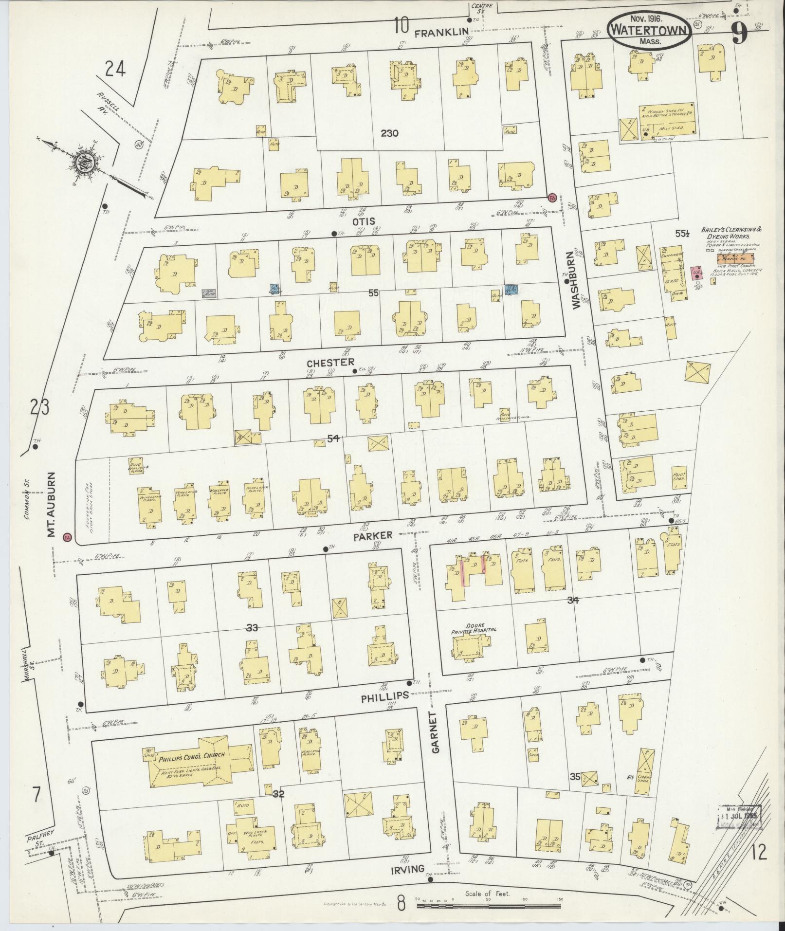 Sanborn Fire Insurance Map from Watertown, Middlesex County, Massachusetts (1916), Sheet #0009 - Historic Sanborn Fire Insurance Map Print, vintage old map wall art, antique decor, genealogy gift, Massachusetts Massachusetts map