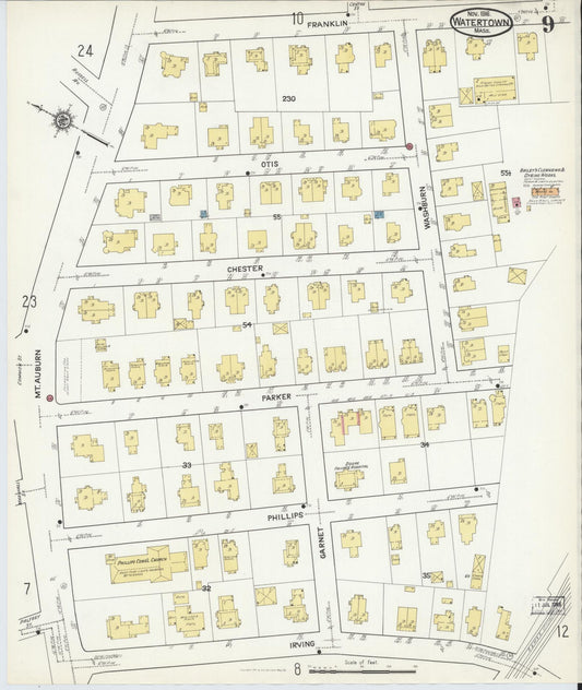 Sanborn Fire Insurance Map from Watertown, Middlesex County, Massachusetts (1916), Sheet #0009 - Historic Sanborn Fire Insurance Map Print, vintage old map wall art, antique decor, genealogy gift, Massachusetts Massachusetts map