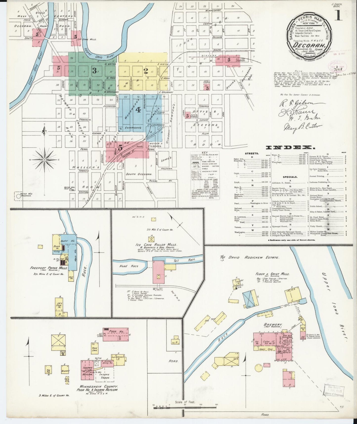 Sanborn Fire Insurance Map from Decorah, Winneshiek County, Iowa (1894), Sheet #0001 - Historic Sanborn Fire Insurance Map Print, vintage old map wall art
