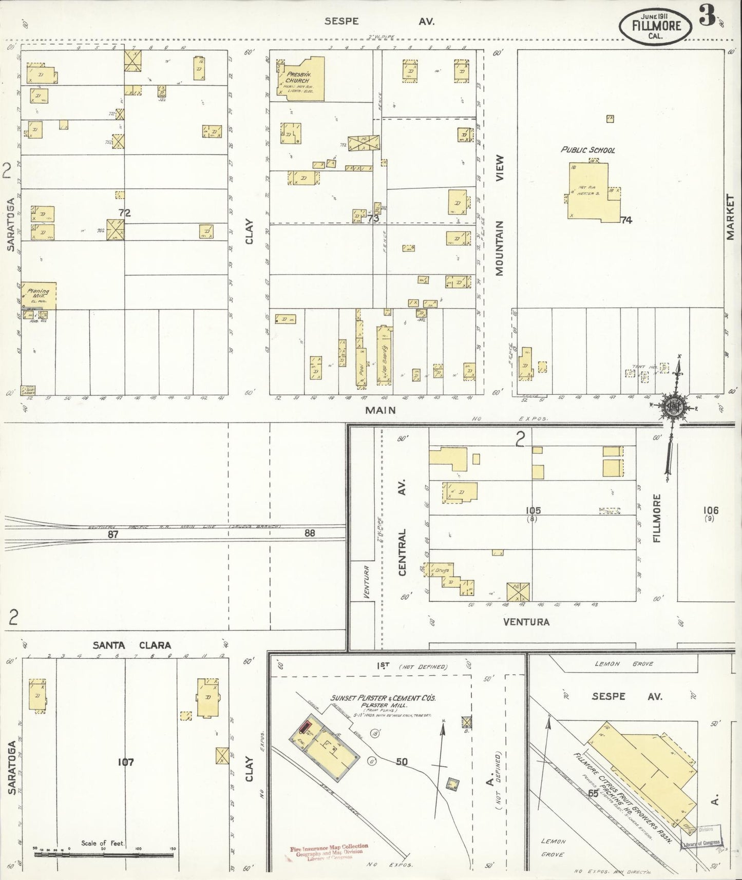 Sanborn Fire Insurance Map from Fillmore, Ventura County, California (1911), Sheet #0003 - Complete Map Set gallery image, historic Sanborn map, vintage wall art, California California