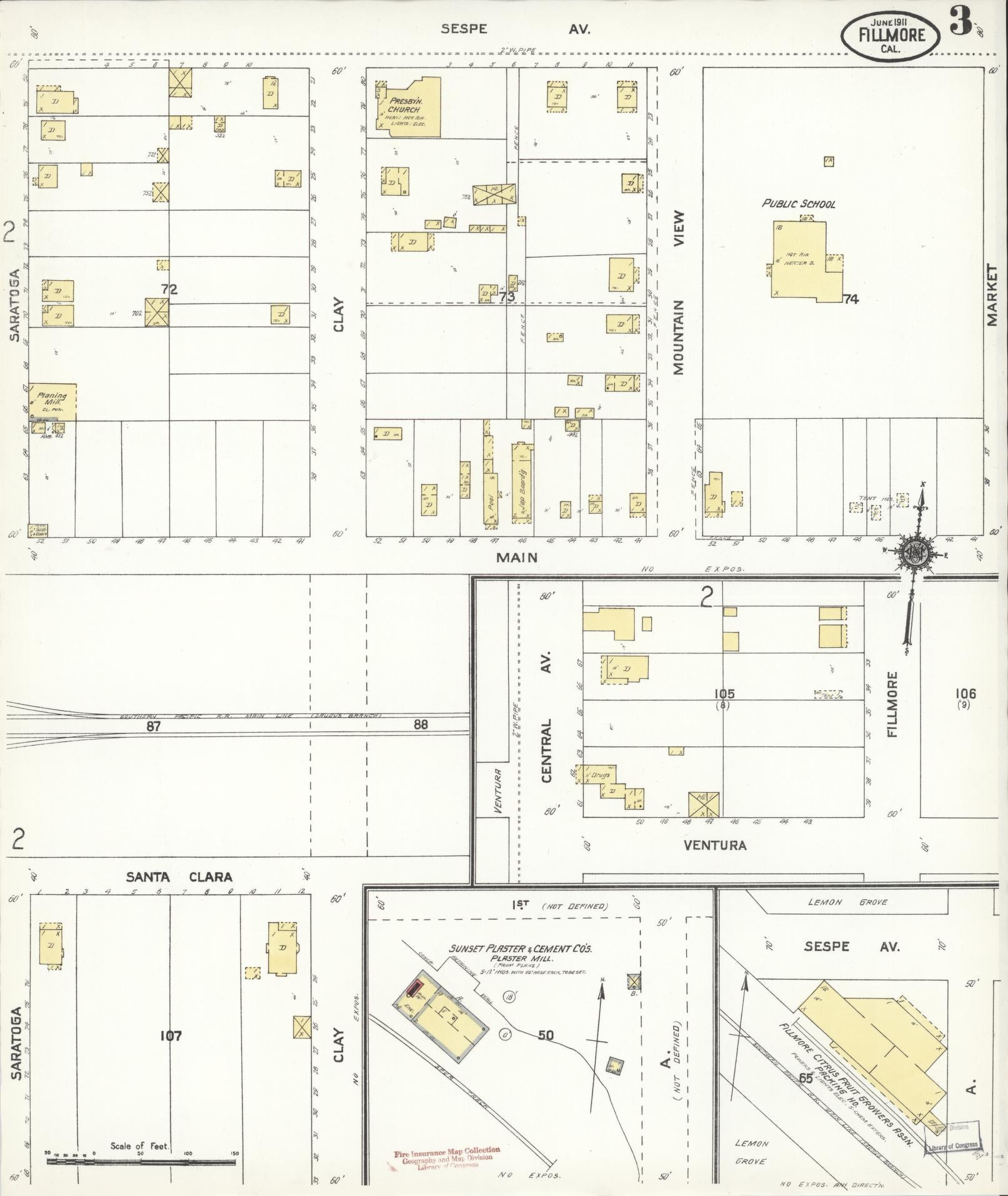 Sanborn Fire Insurance Map from Fillmore, Ventura County, California (1911), Sheet #0003 - Complete Map Set gallery image, historic Sanborn map, vintage wall art, California California