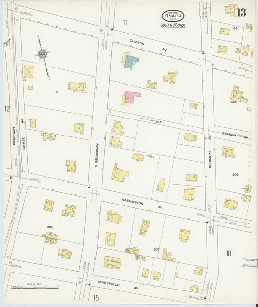 Sanborn Fire Insurance Map from Nyack, Rockland County, New York (1910), Sheet #0013 - Historic Sanborn Fire Insurance Map Print, vintage old map wall art, antique decor, genealogy gift, New York New York map