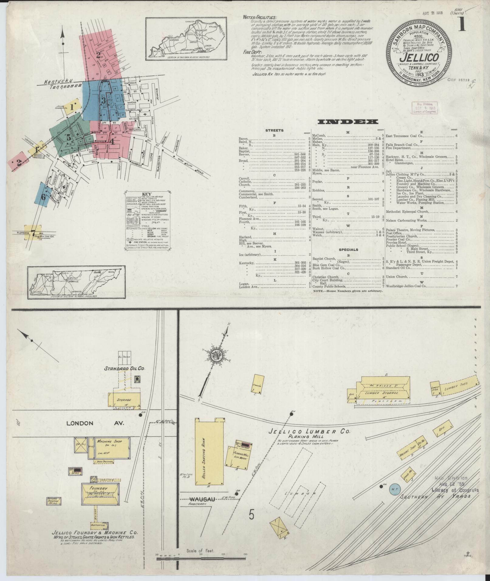 Sanborn Fire Insurance Map from Jellico, Whitley County, Ky., and Campbell County, Tenna, Kentucky (1913), Sheet #0001 - Complete Map Set gallery image, historic Sanborn map, vintage wall art, Kentucky Kentucky