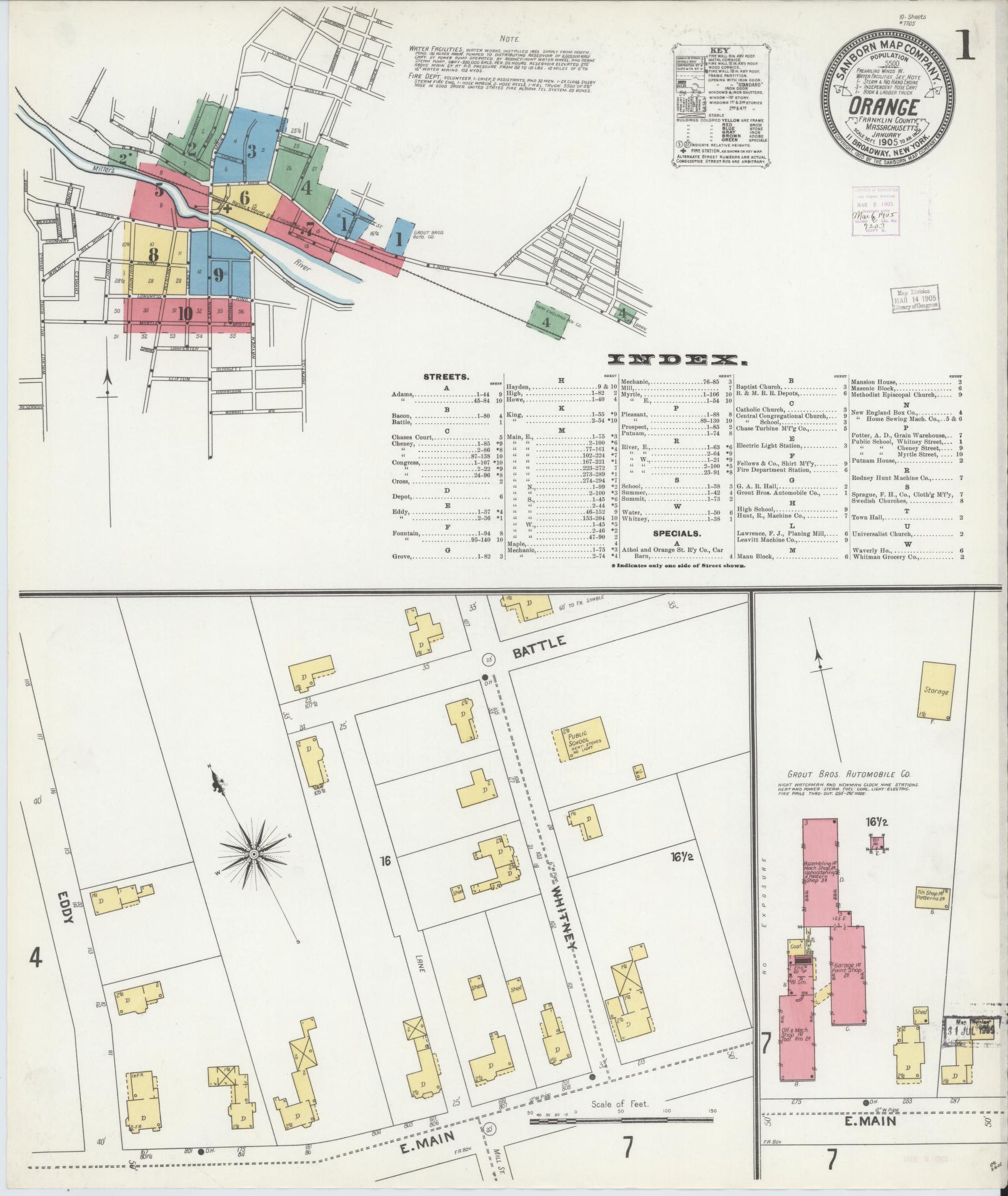 Sanborn Fire Insurance Map from Orange, Franklin County, Massachusetts (1905), Sheet #0001 - Complete Map Set gallery image, historic Sanborn map, vintage wall art, Massachusetts Massachusetts