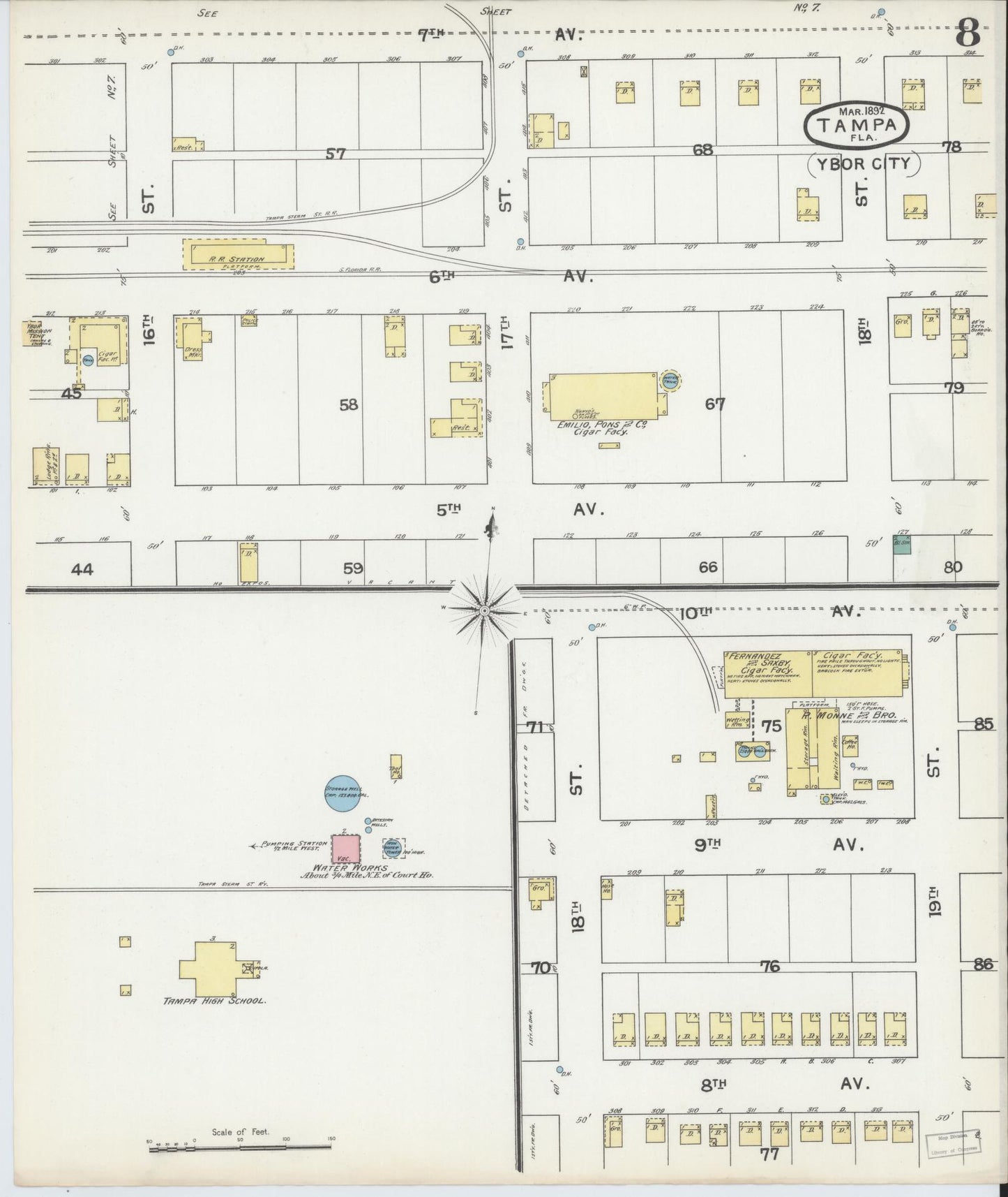 Sanborn Fire Insurance Map from Tampa, Hillsborough County, Florida (1892), Sheet #0008 - Complete Map Set gallery image, historic Sanborn map, vintage wall art, Florida Florida