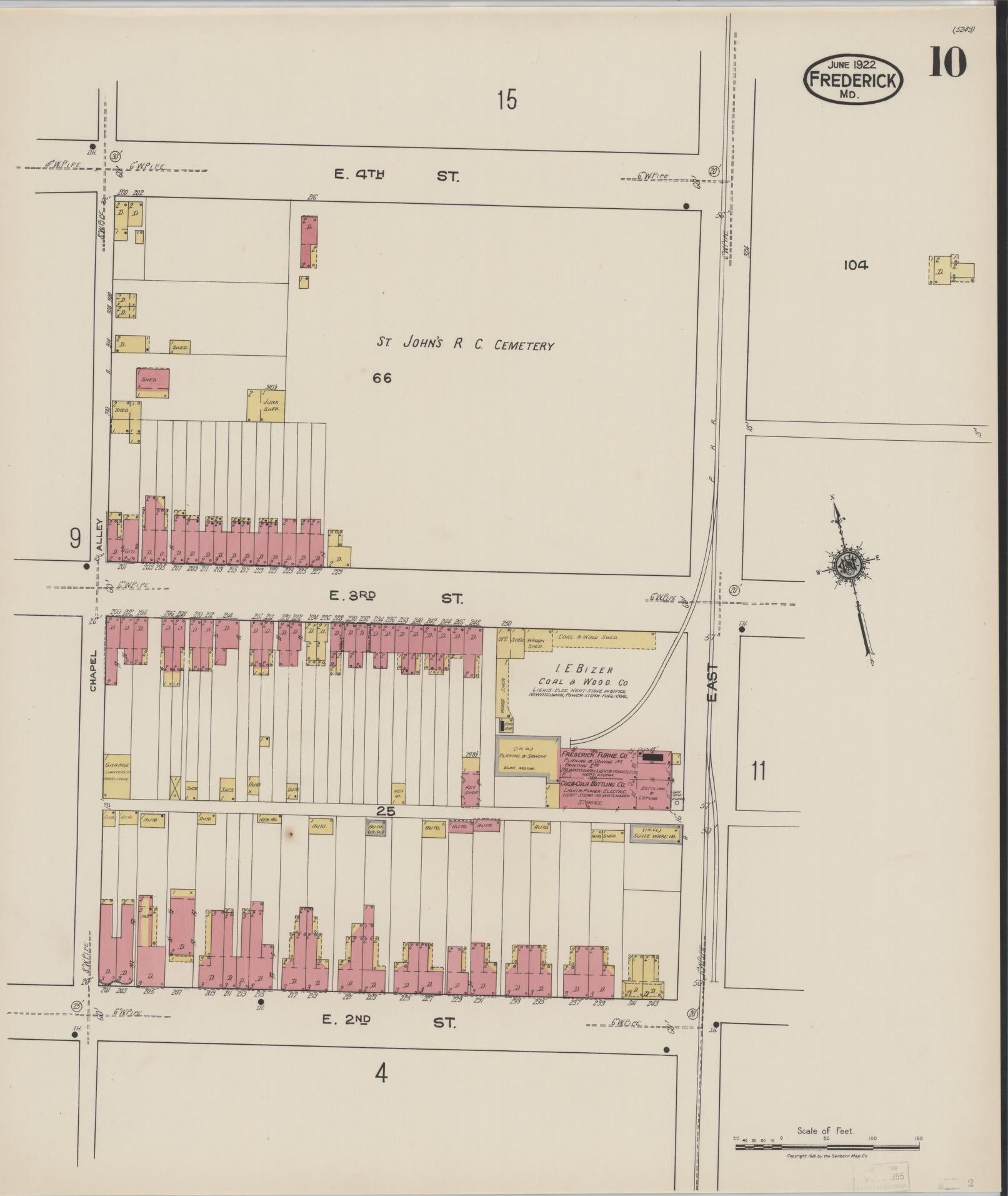 Sanborn Fire Insurance Map from Frederick, Frederick County, Maryland (1922), Sheet #0010 - Historic Sanborn Fire Insurance Map Print, vintage old map wall art