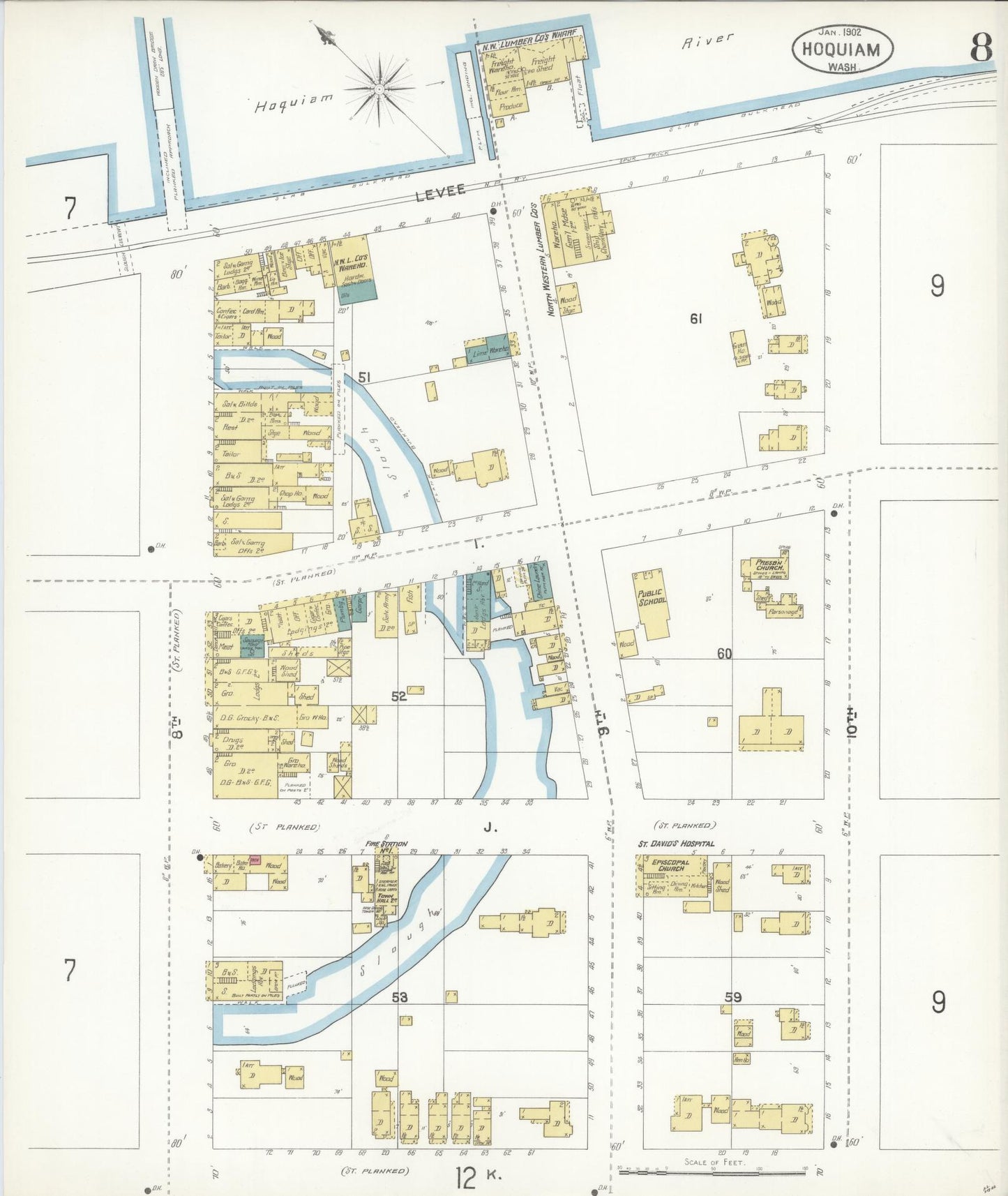 Sanborn Fire Insurance Map from Hoquiam, Grays Harbor County, Washington (1902), Sheet #0008 - Complete Map Set gallery image, historic Sanborn map, vintage wall art, Washington Washington