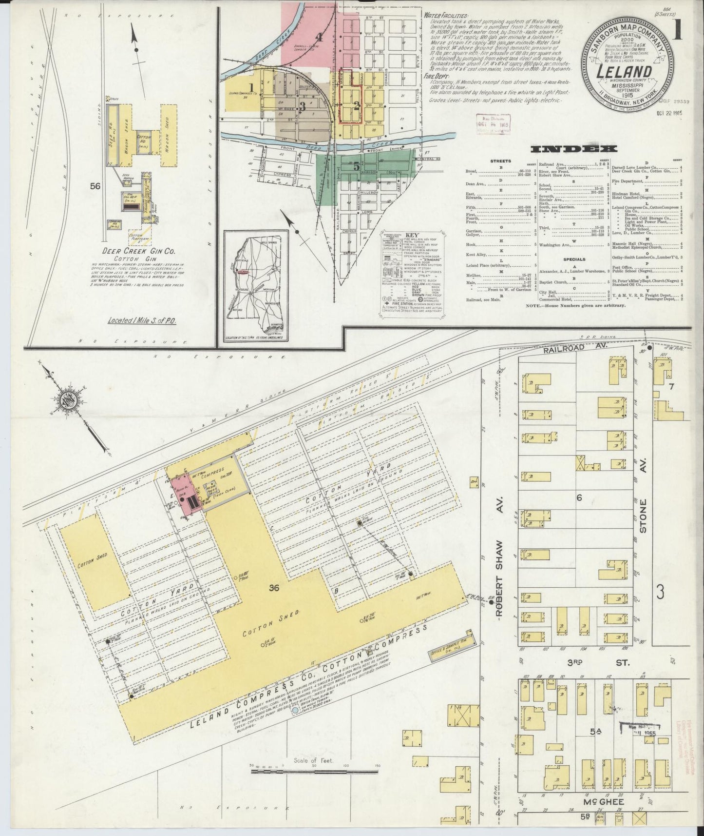 Sanborn Fire Insurance Map from Leland, Washington County, Mississippi (1915), Sheet #0001 - Historic Sanborn Fire Insurance Map Print, vintage old map wall art, antique decor, genealogy gift, Mississippi Mississippi map
