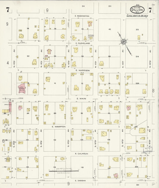 Sanborn Fire Insurance Map from Dillon, Dillon County, South Carolina (1924), Sheet #0007 - Historic Sanborn Fire Insurance Map Print, vintage old map wall art, antique decor, genealogy gift, South Carolina South Carolina map