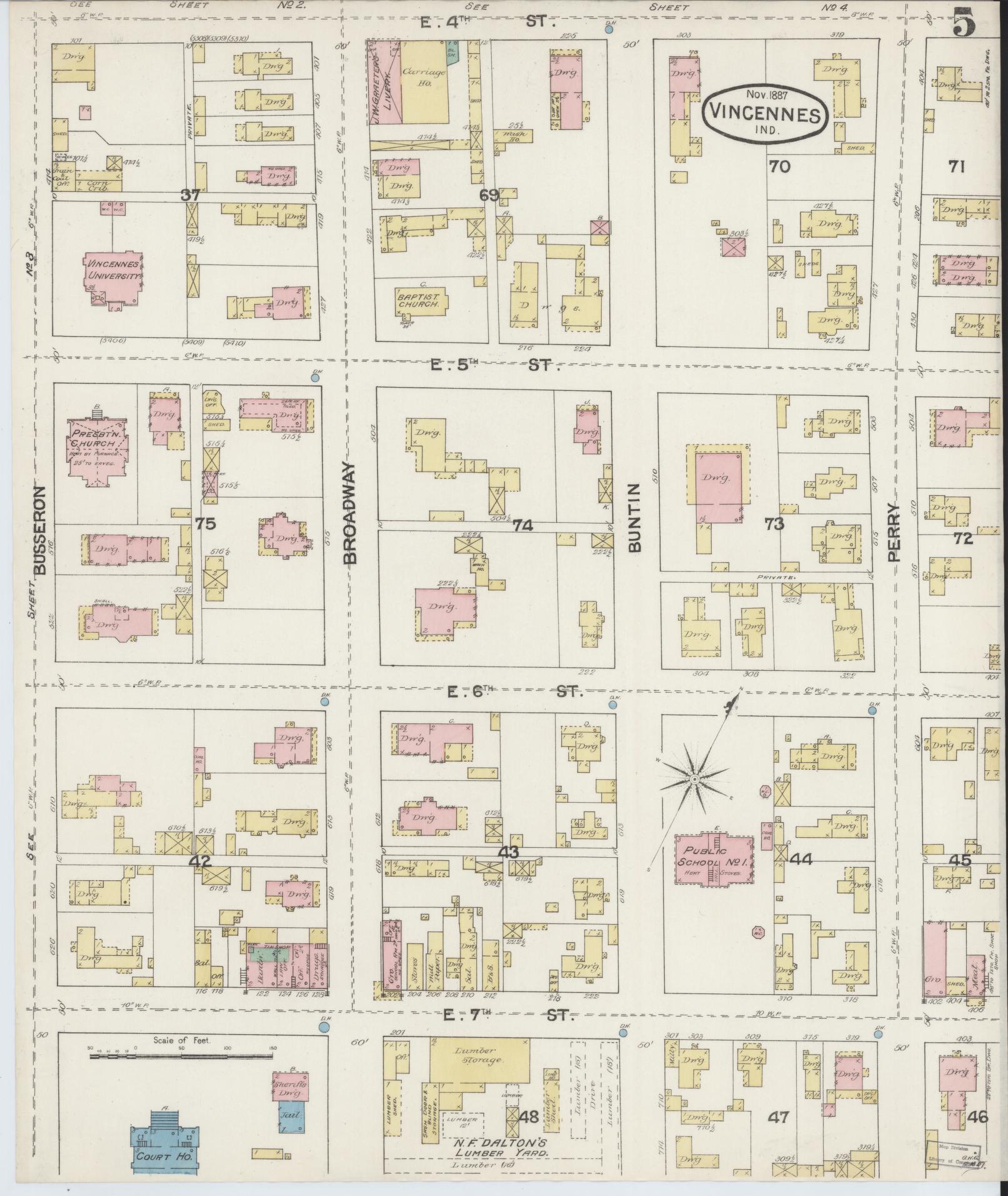 Sanborn Fire Insurance Map from Vincennes, Knox County, Indiana (1887), Sheet #0005 - Historic Sanborn Fire Insurance Map Print, vintage old map wall art, antique decor, genealogy gift, Indiana Indiana map
