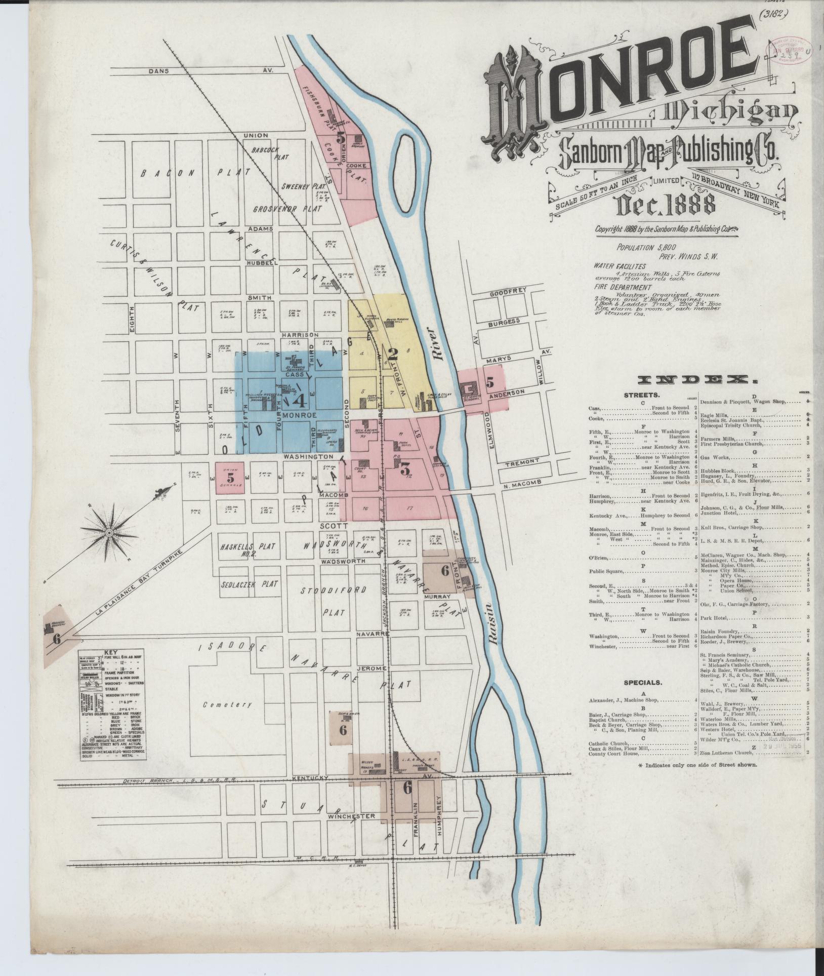 Sanborn Fire Insurance Map from Monroe, Monroe County, Michigan (1888), Sheet #0001 - Complete Map Set gallery image, historic Sanborn map, vintage wall art, Michigan Michigan