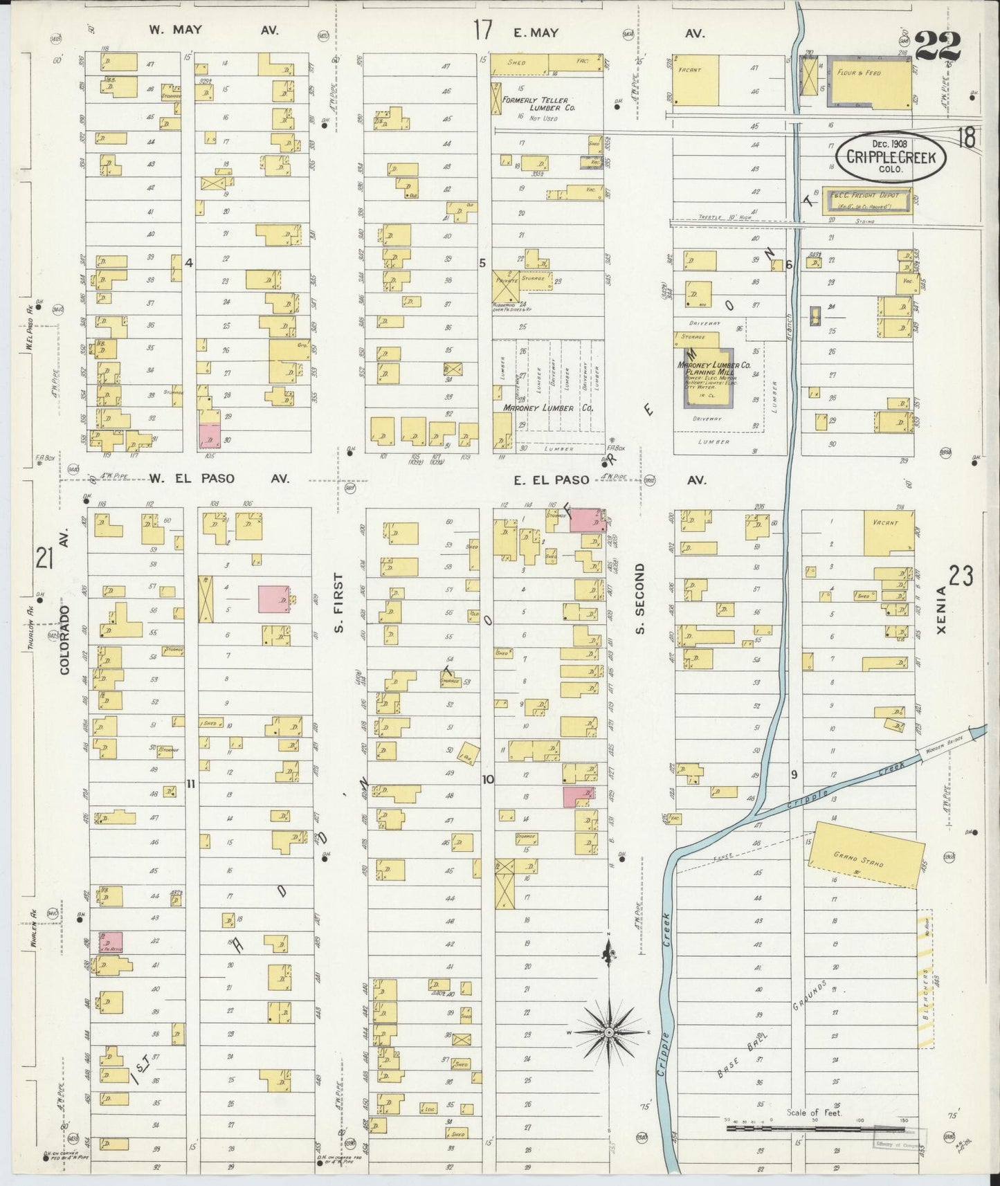 Sanborn Fire Insurance Map from Cripple Creek, Teller County, Colorado (1908), Sheet #0022 - Historic Sanborn Fire Insurance Map Print, vintage old map wall art, antique decor, genealogy gift, Colorado Colorado map