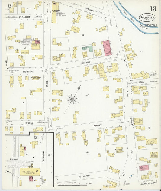 Sanborn Fire Insurance Map from Rochester, Strafford County, New Hampshire (1908), Sheet #0013 - Historic Sanborn Fire Insurance Map Print, vintage old map wall art, antique decor, genealogy gift, New Hampshire New Hampshire map