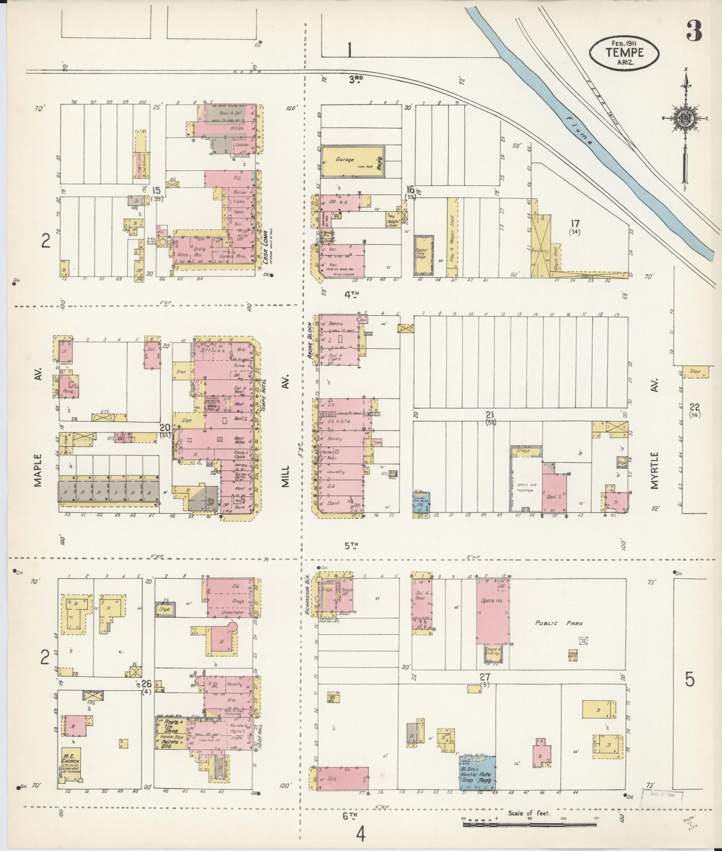Sanborn Fire Insurance Map from Tempe, Maricopa County, Arizona (1911), Sheet #0003 - Historic Sanborn Fire Insurance Map Print, vintage old map wall art, antique decor, genealogy gift, Arizona Arizona map
