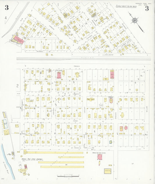 Sanborn Fire Insurance Map from Marked Tree, Poinsett County, Arkansas (1933), Sheet #0003 - Historic Sanborn Fire Insurance Map Print, vintage old map wall art, antique decor, genealogy gift, Arkansas Arkansas map