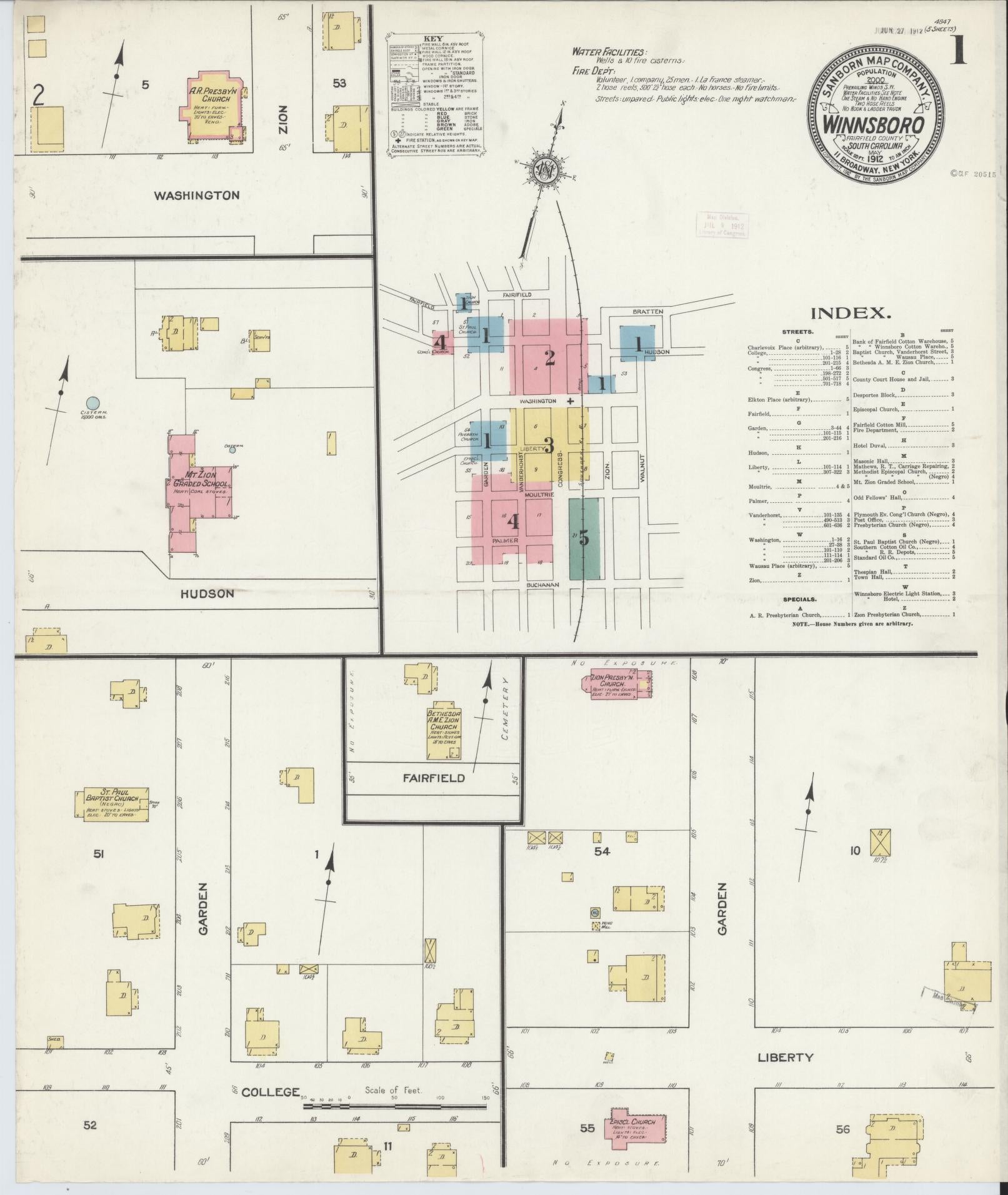 Sanborn Fire Insurance Map from Winnsboro, Fairfield County, South Carolina (1912), Sheet #0001 - Historic Sanborn Fire Insurance Map Print, vintage old map wall art, antique decor, genealogy gift, South Carolina South Carolina map