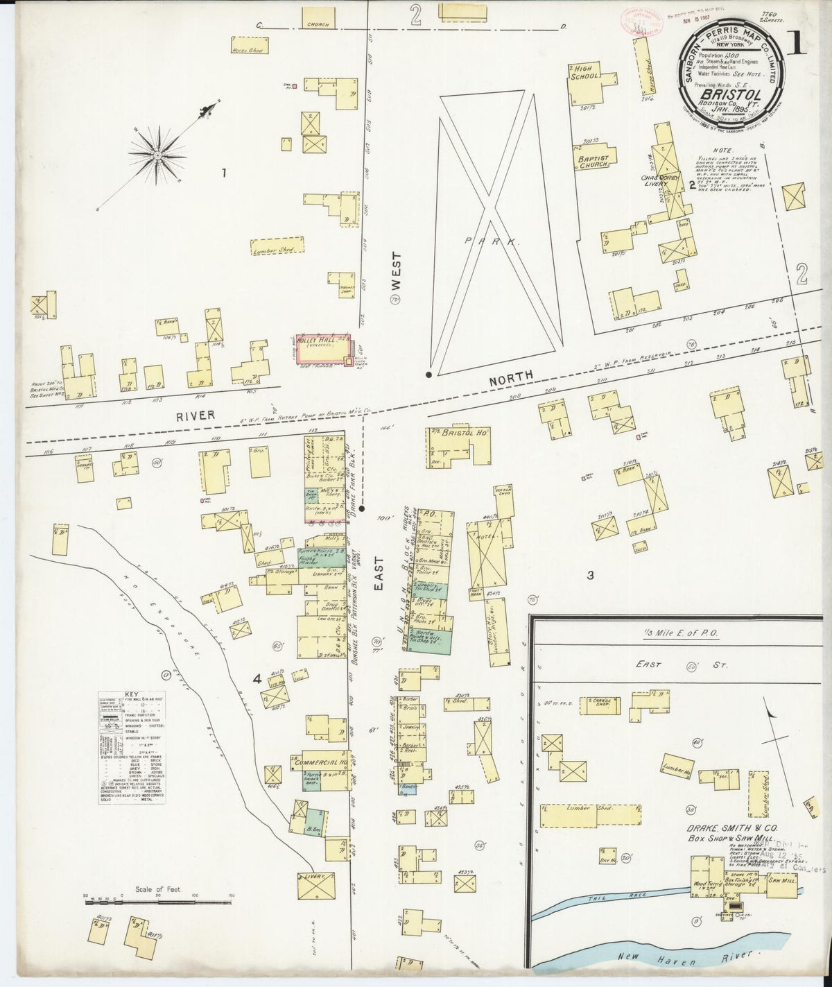 Sanborn Fire Insurance Map from Bristol, Addison County, Vermont (1895), Sheet #0001 - Historic Sanborn Fire Insurance Map Print, vintage old map wall art, antique decor, genealogy gift, Vermont Vermont map