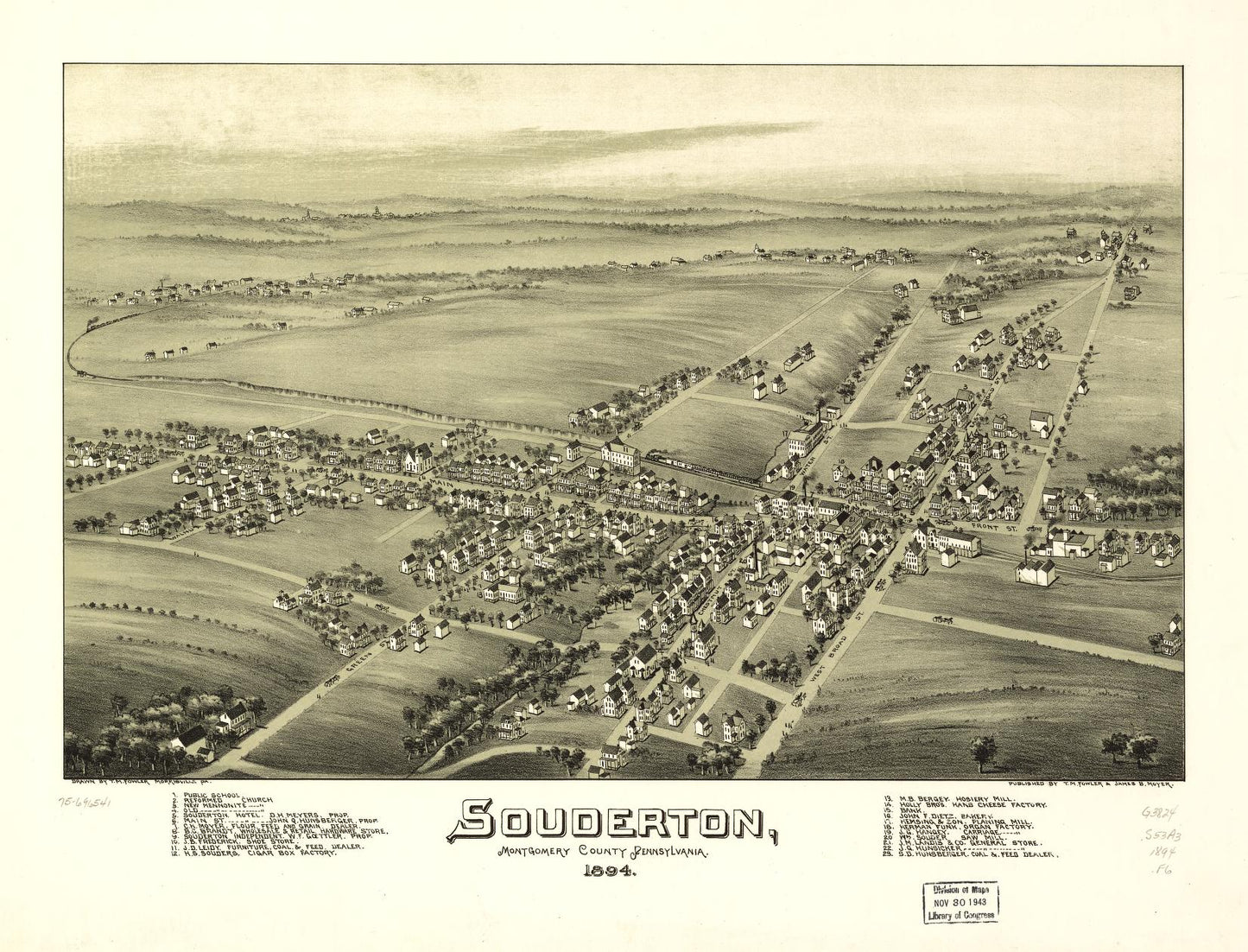 Souderton, Montgomery County, Pennsylvania 1894. (1894) – Historic Bird’s-Eye View Panorama Print