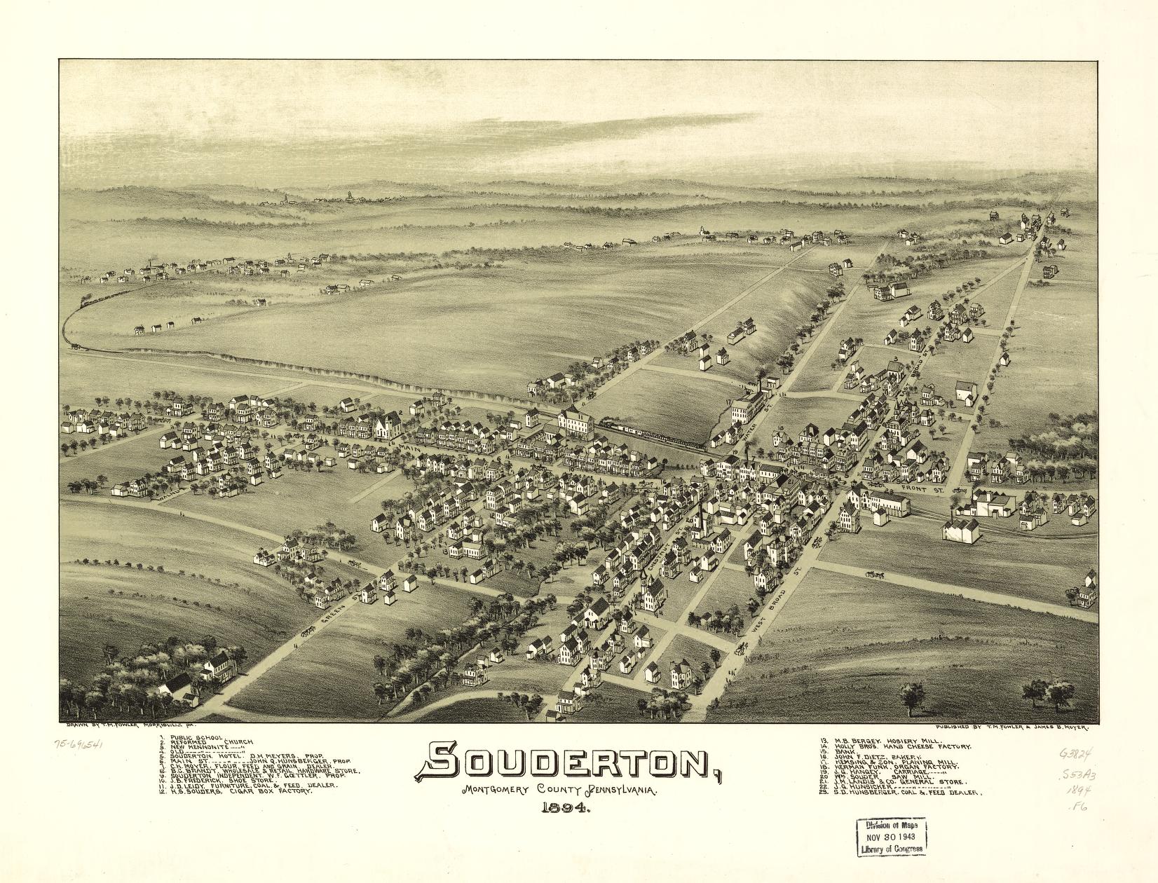 Souderton, Montgomery County, Pennsylvania 1894. (1894) – Historic Bird’s-Eye View Panorama Print