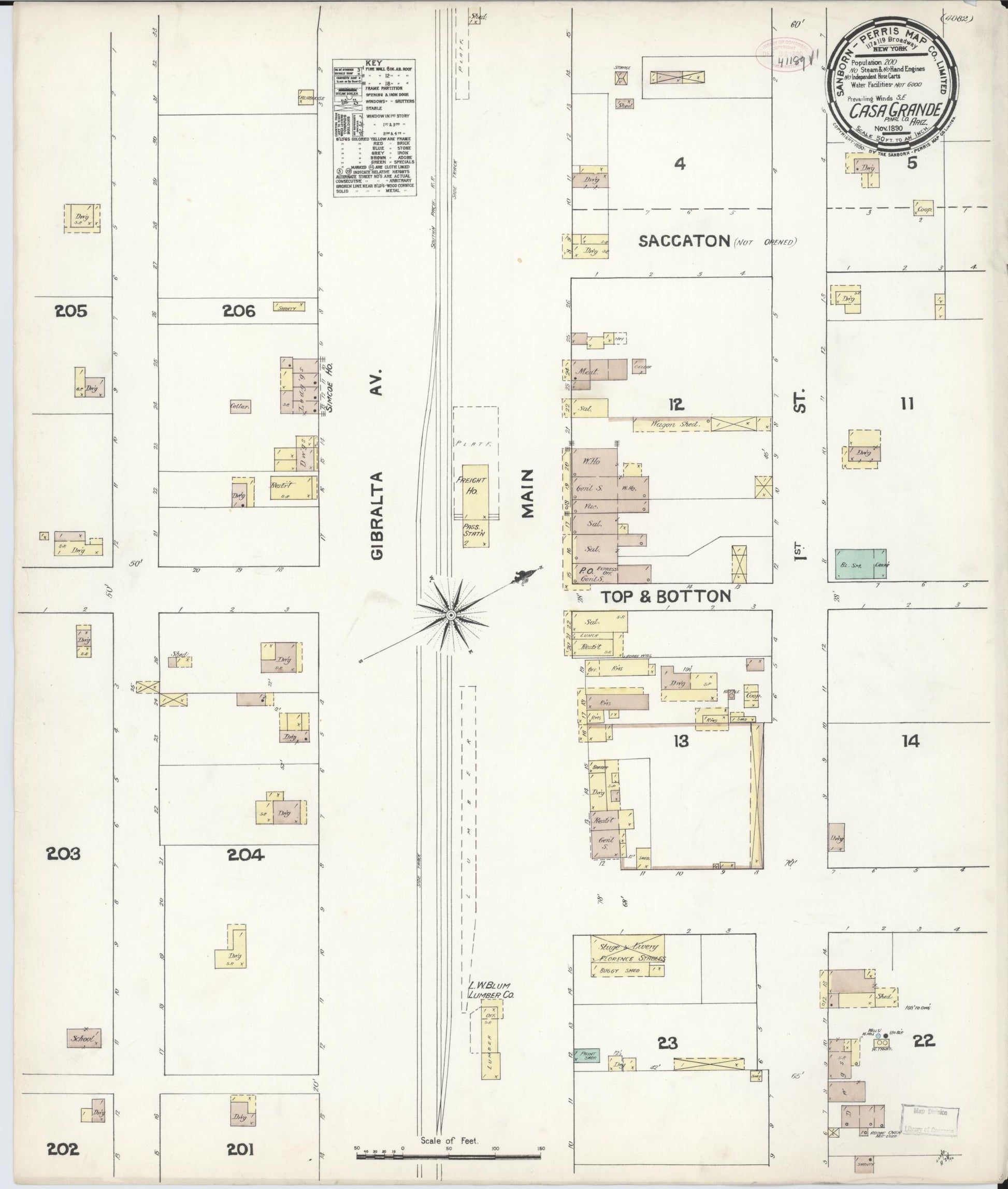 Sanborn Fire Insurance Map from Casa Grande, Pinal County, Arizona (1890), Sheet #0001 - Historic Sanborn Fire Insurance Map Print, vintage old map wall art, antique decor, genealogy gift, Arizona Arizona map