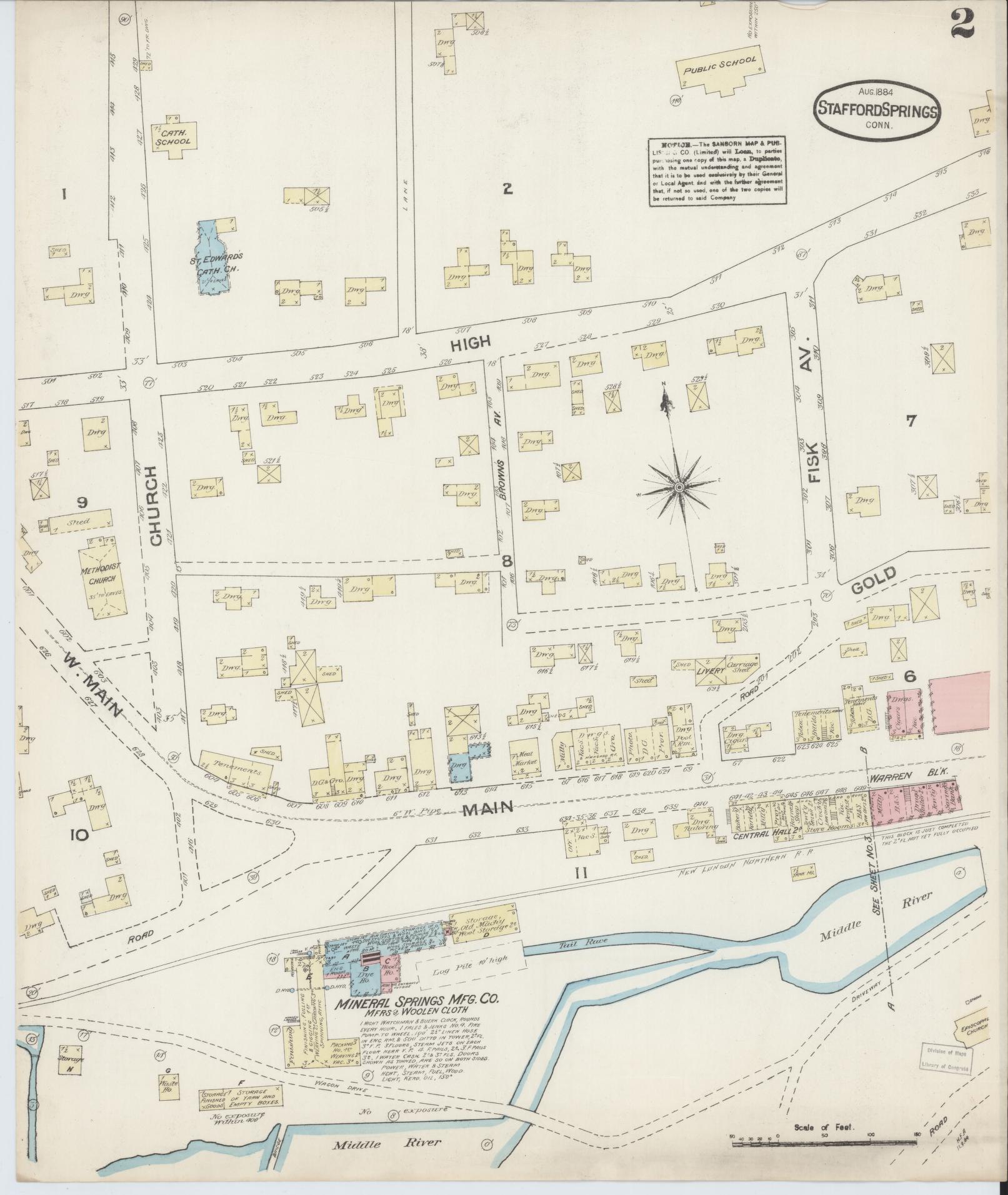 Sanborn Fire Insurance Map from Stafford Springs, Tolland County, Connecticut (1884), Sheet #0002 - Complete Map Set gallery image, historic Sanborn map, vintage wall art, Connecticut Connecticut