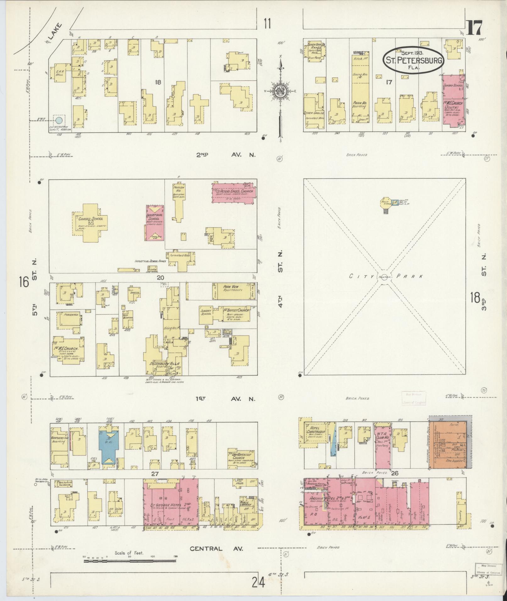 Sanborn Fire Insurance Map from Saint Petersburg, Pinellas County, Florida (1913), Sheet #0017 - Historic Sanborn Fire Insurance Map Print, vintage old map wall art, antique decor, genealogy gift, Florida Florida map