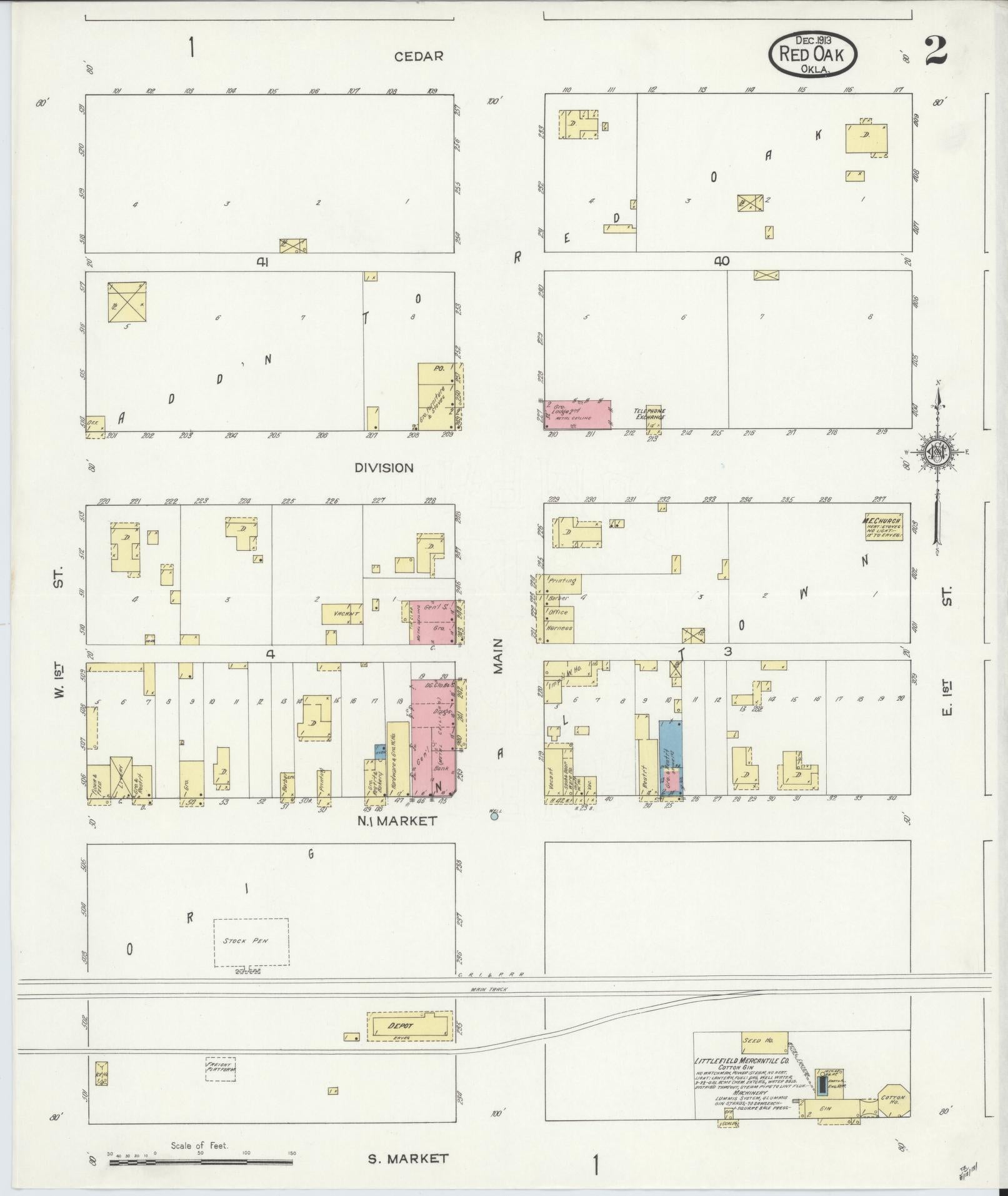 Sanborn Fire Insurance Map from Red Oak, Latimer County, Oklahoma (1913), Sheet #0002 - Historic Sanborn Fire Insurance Map Print, vintage old map wall art, antique decor, genealogy gift, Oklahoma Oklahoma map