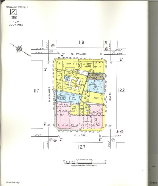 Sanborn Fire Insurance Map from Honolulu, Oahu County, Hawaii (1955), Sheet #0121 - Historic Sanborn Fire Insurance Map Print, vintage old map wall art