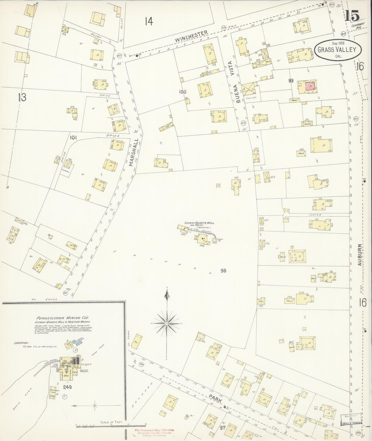 Sanborn Fire Insurance Map from Grass Valley, Nevada County, California (1898), Sheet #0015 - Complete Map Set gallery image, historic Sanborn map, vintage wall art, California California