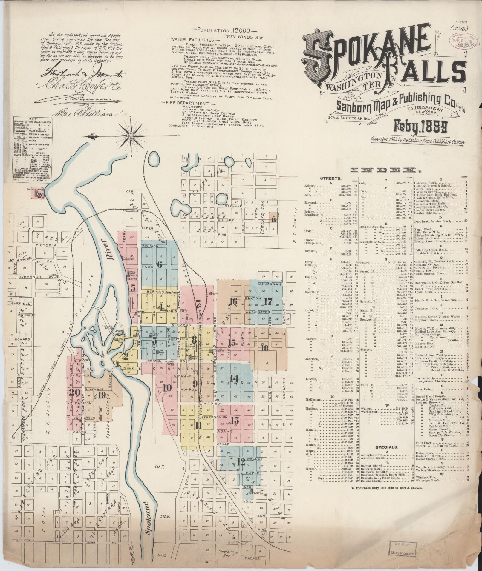 Sanborn Fire Insurance Map from Spokane, Spokane County, Washington (1889), Sheet #0001 - Historic Sanborn Fire Insurance Map Print, vintage old map wall art, antique decor, genealogy gift, Washington Washington map