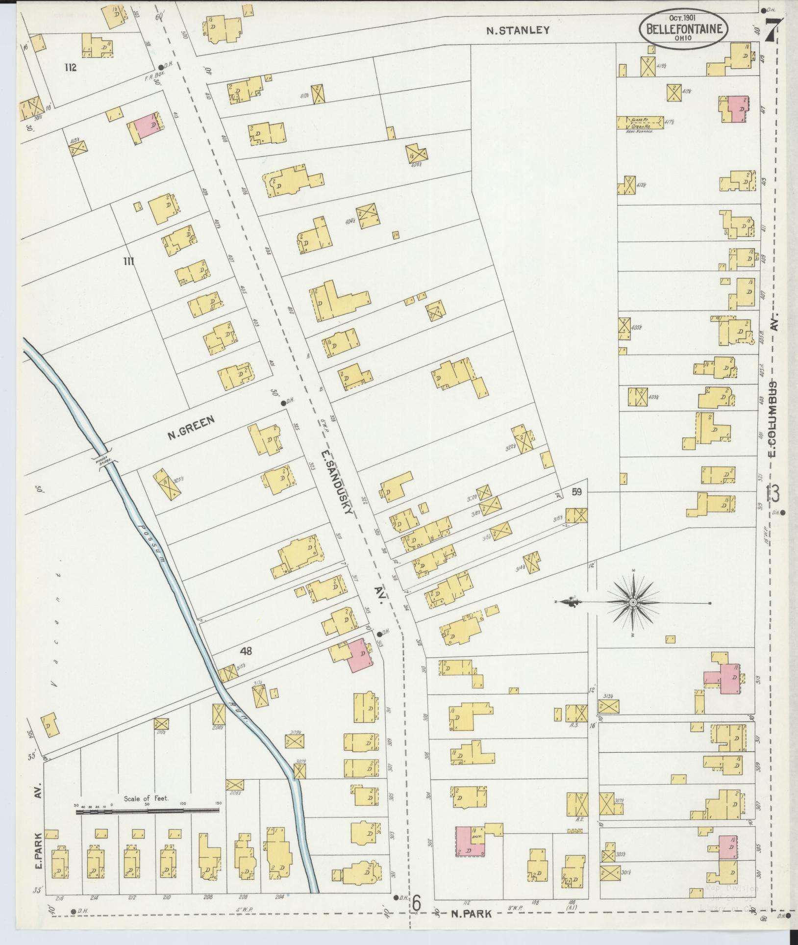 Sanborn Fire Insurance Map from Bellefontaine, Logan County, Ohio (1901), Sheet #0007 - Historic Sanborn Fire Insurance Map Print, vintage old map wall art, antique decor, genealogy gift, Ohio Ohio map