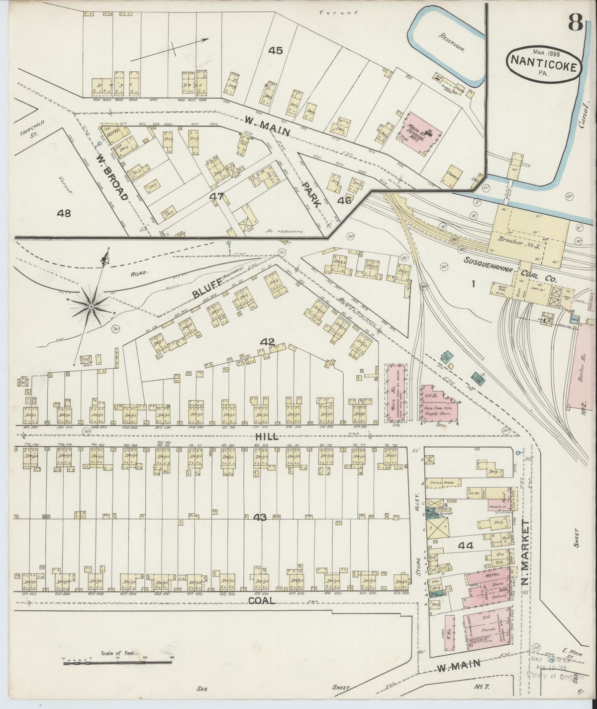 Sanborn Fire Insurance Map from Nanticoke, Luzerne County, Pennsylvania (1888), Sheet #0008 - Historic Sanborn Fire Insurance Map Print, vintage old map wall art, antique decor, genealogy gift, Pennsylvania Pennsylvania map