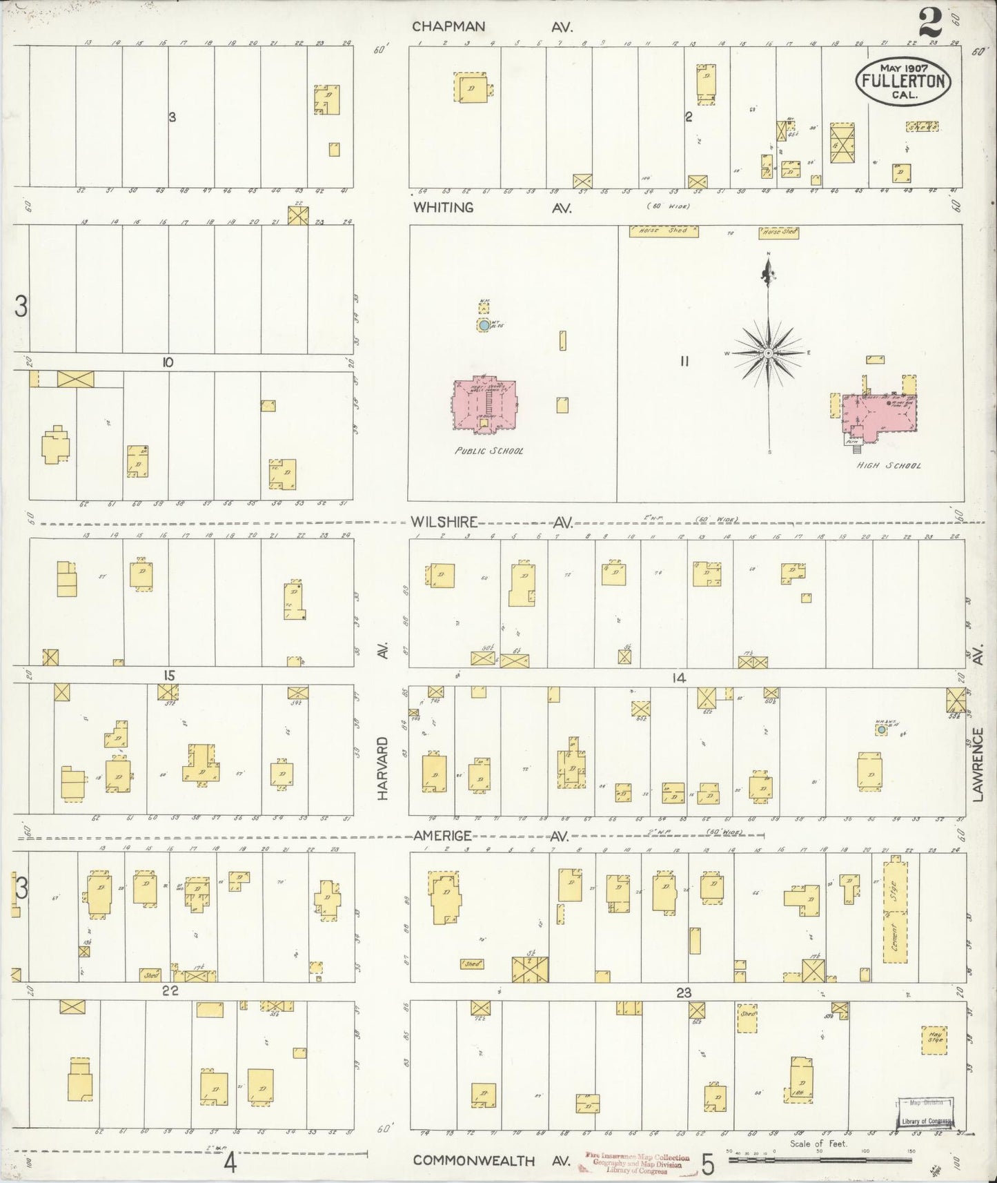 Sanborn Fire Insurance Map from Fullerton, Orange County, California (1907), Sheet #0002 - Historic Sanborn Fire Insurance Map Print, vintage old map wall art, antique decor, genealogy gift, California California map