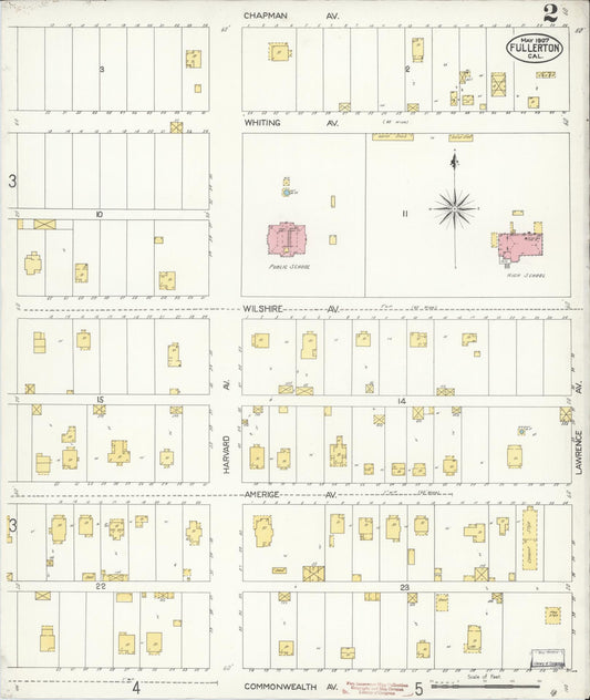Sanborn Fire Insurance Map from Fullerton, Orange County, California (1907), Sheet #0002 - Historic Sanborn Fire Insurance Map Print, vintage old map wall art, antique decor, genealogy gift, California California map
