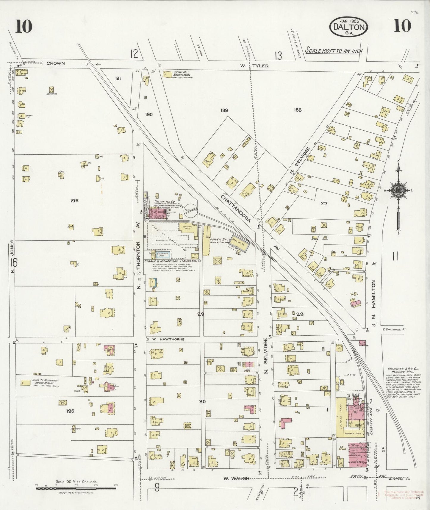 Sanborn Fire Insurance Map from Dalton, Whitfield County, Georgia (1925), Sheet #0010 - Historic Sanborn Fire Insurance Map Print, vintage old map wall art, antique decor, genealogy gift, Georgia Georgia map